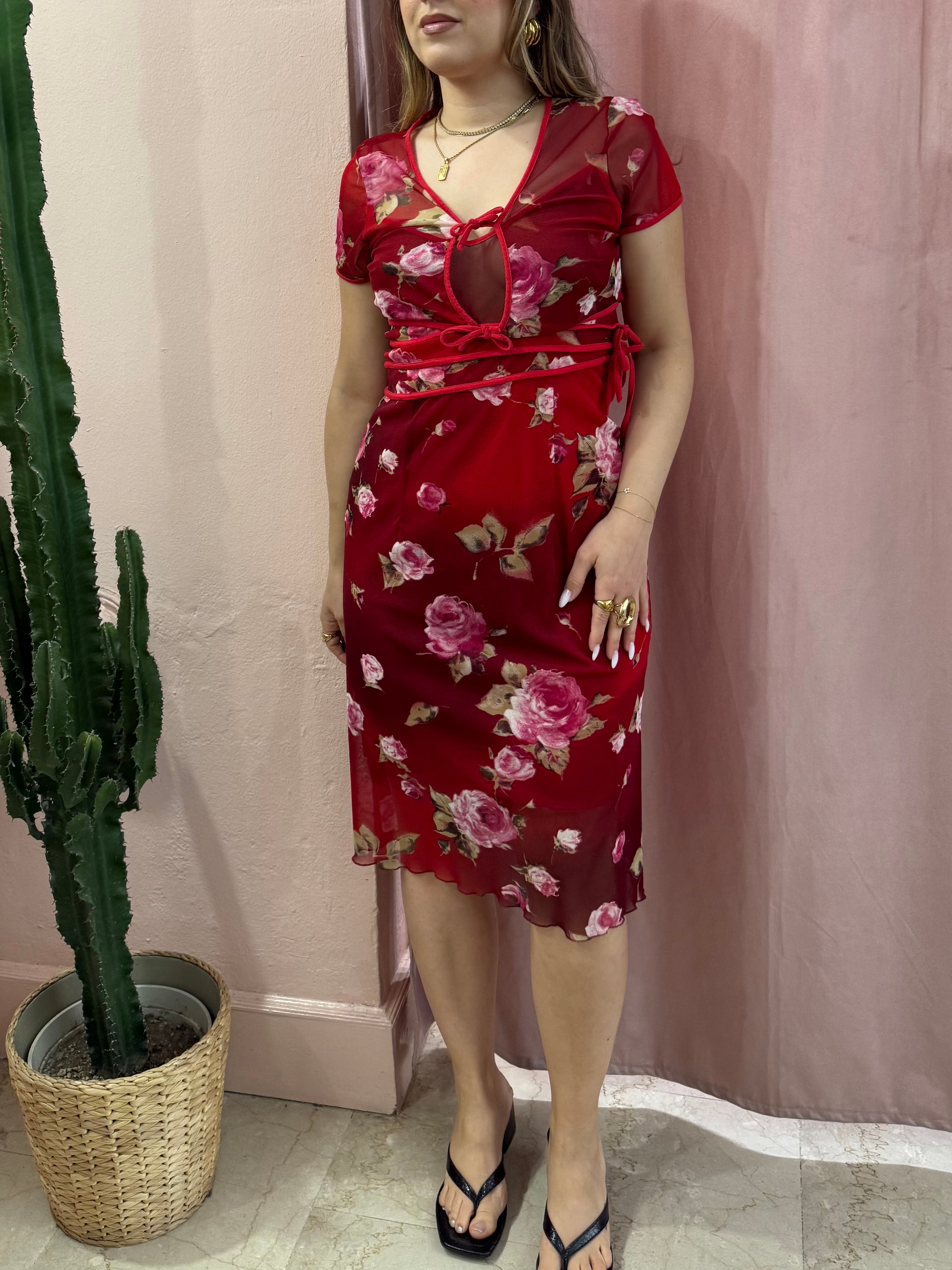 Set vestito + cardigan rosso fantasia rose