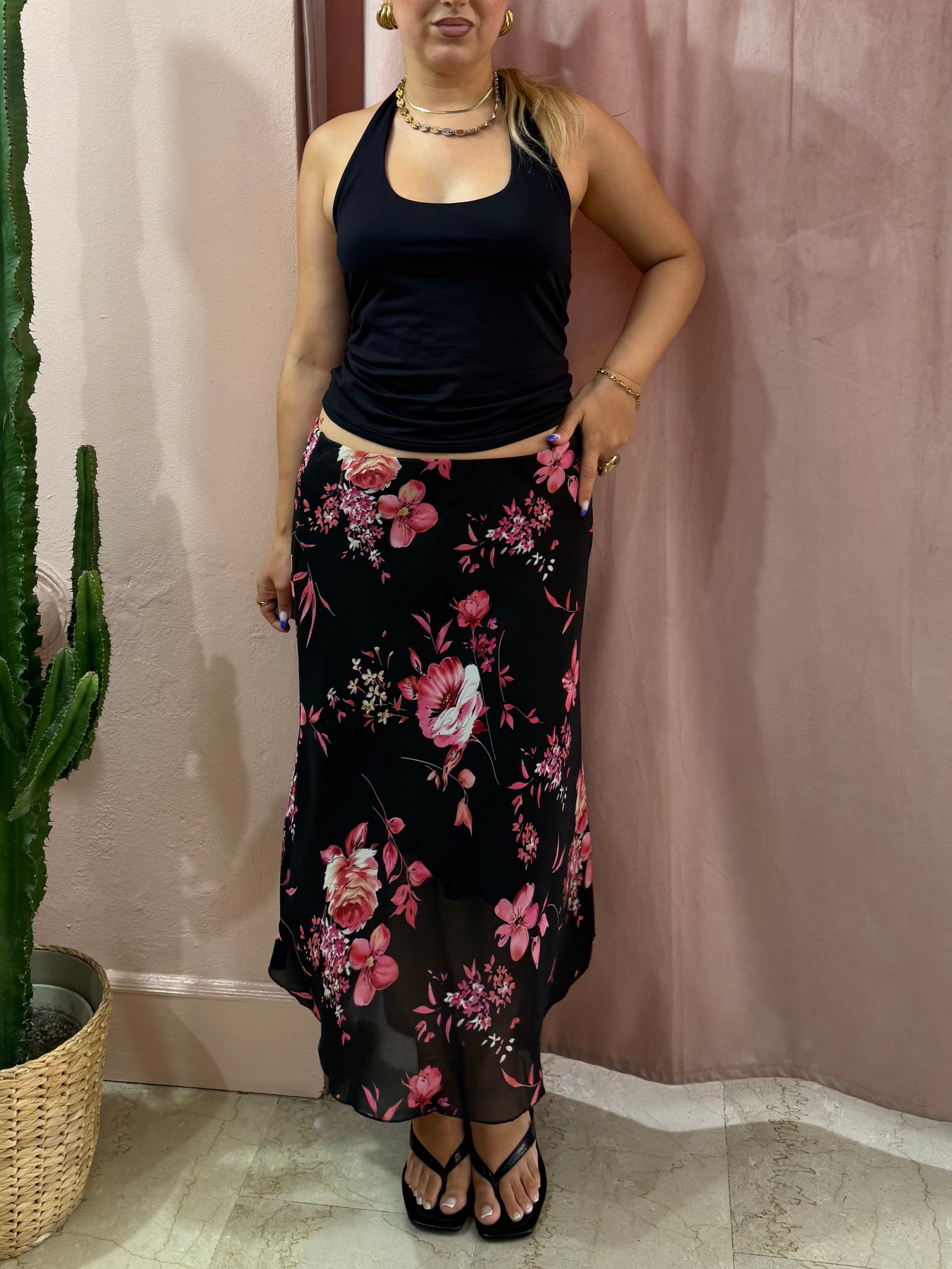 Gonna midi nera fantasia fiori rosa