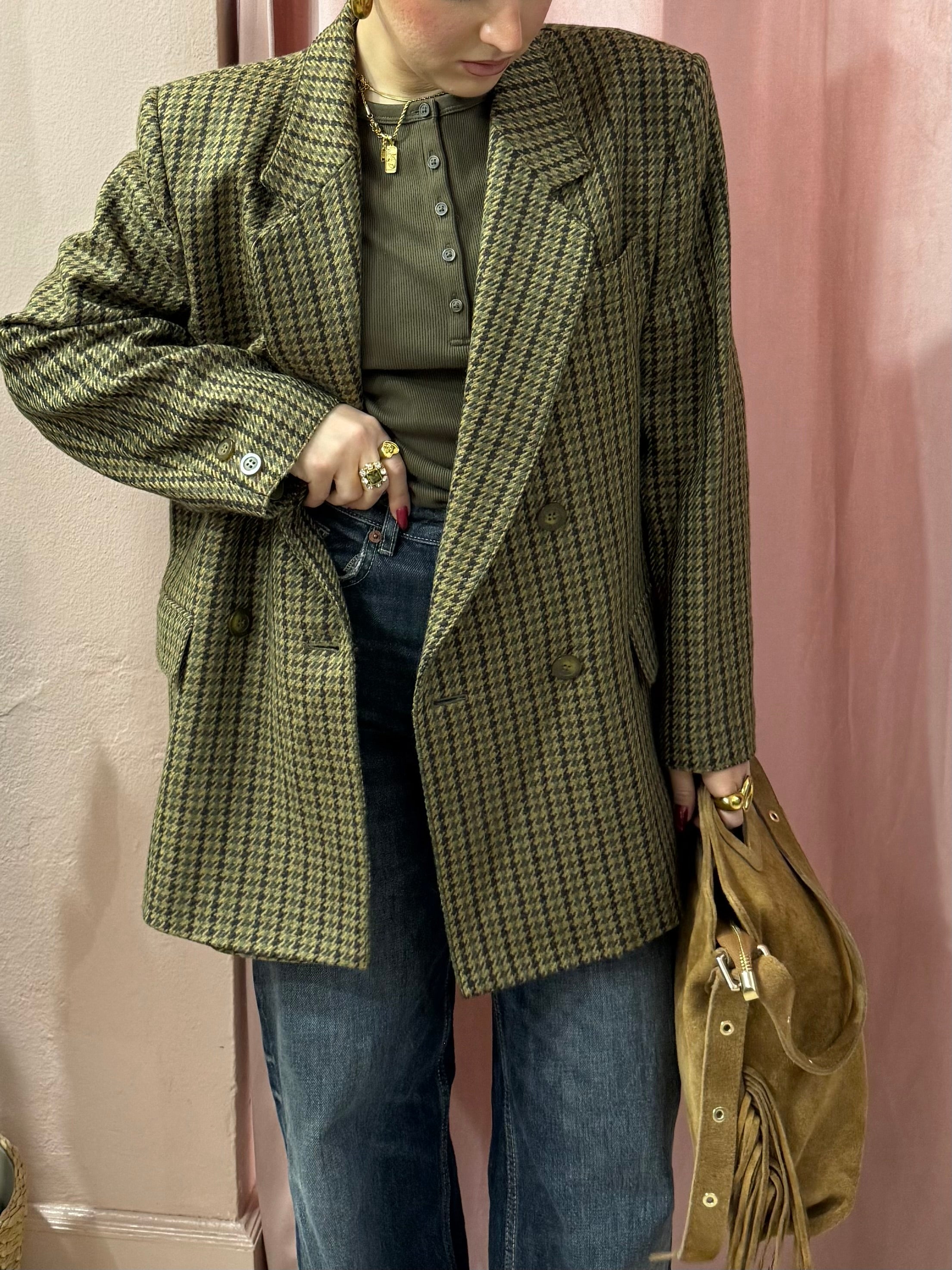 Blazer vintage in lana pied de puloule sul verde