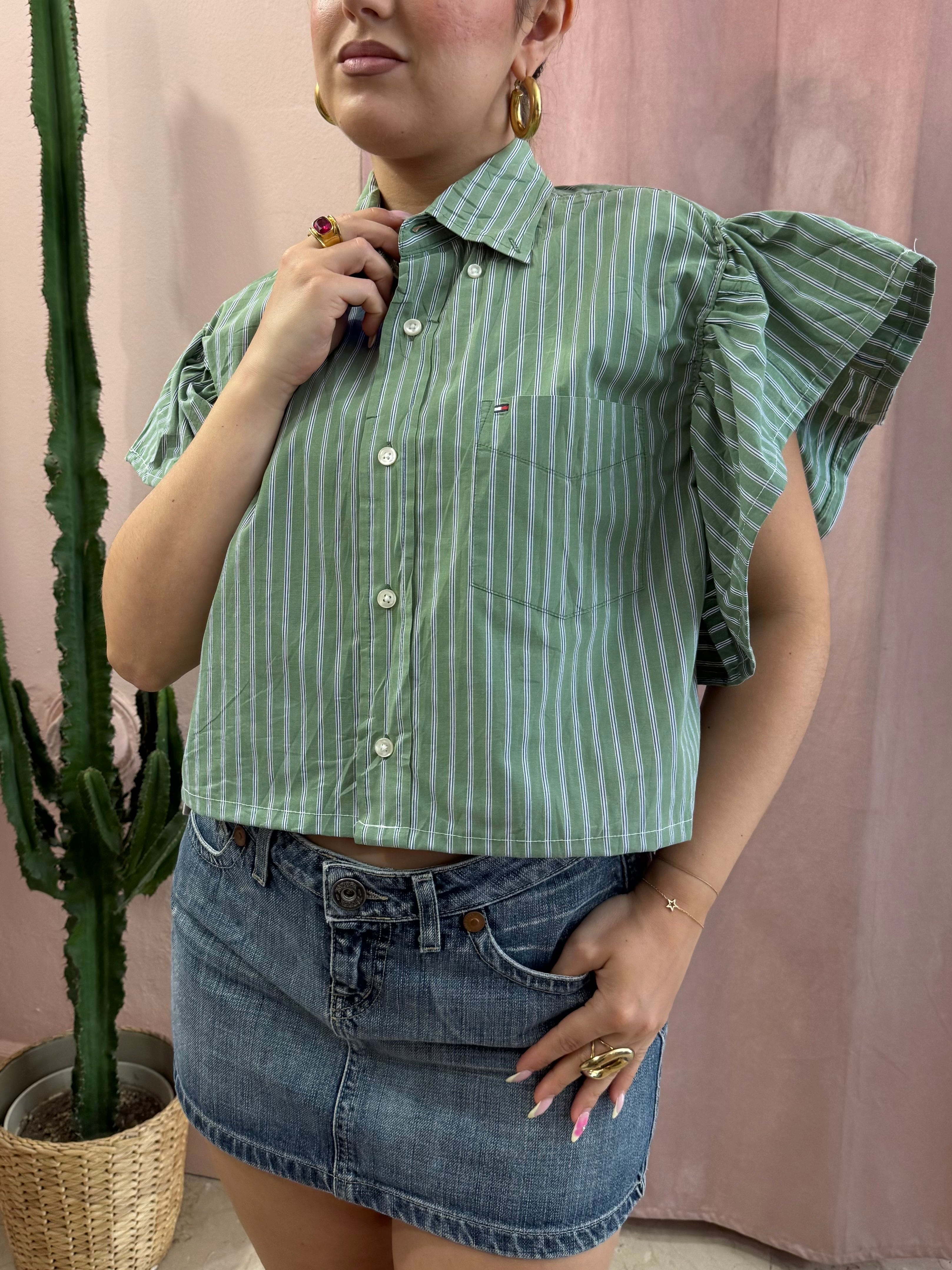 Camicia Tommy H. upcycling volant righe verde