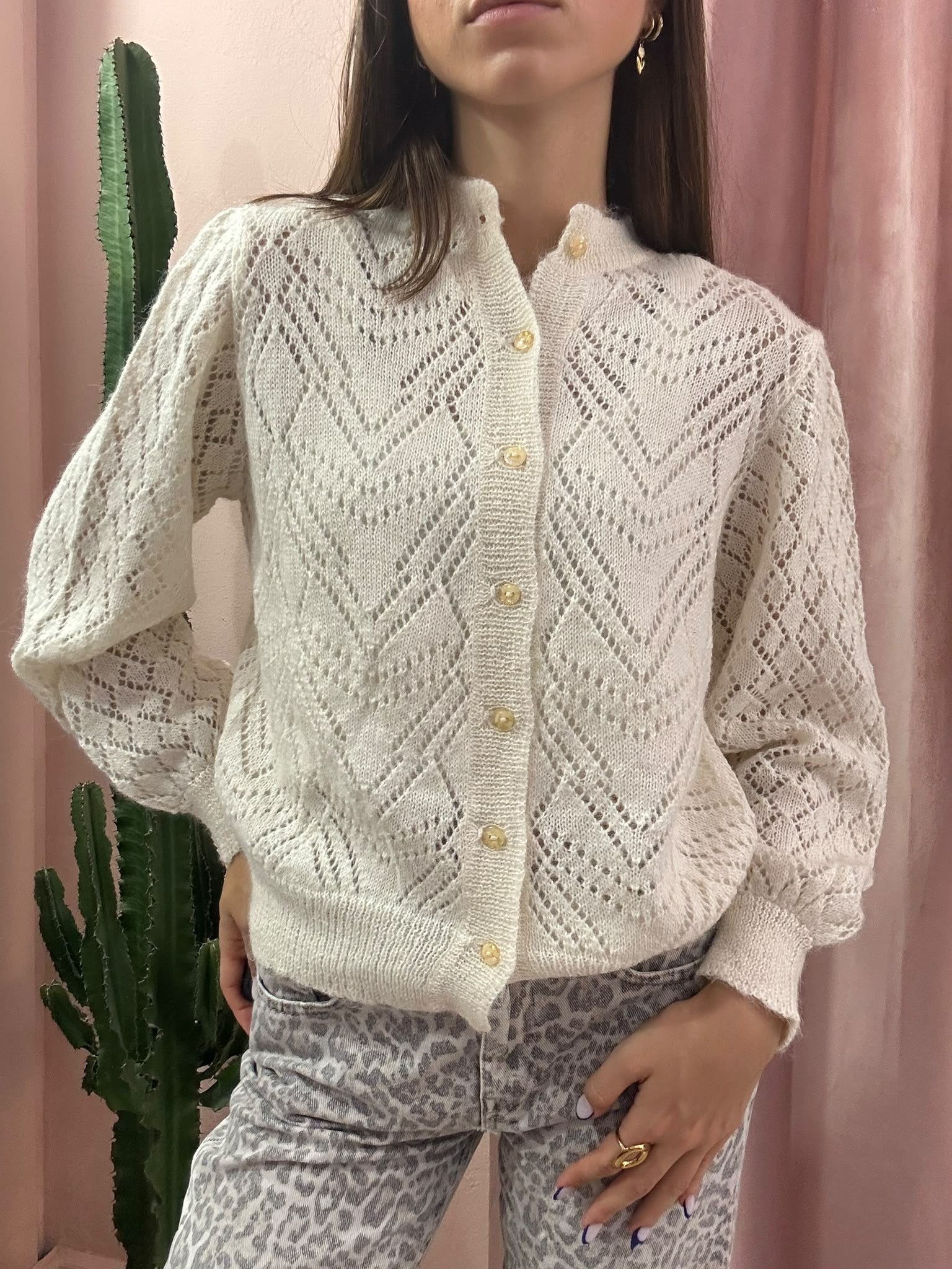Cardigan vintage panna traforato in lana