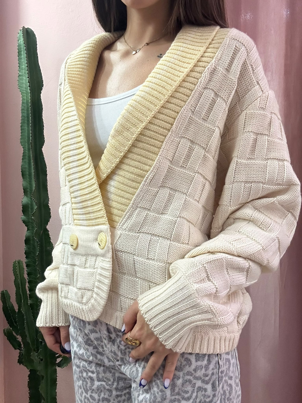 Cardigan vintage doppiopetto con inserti giallo burro