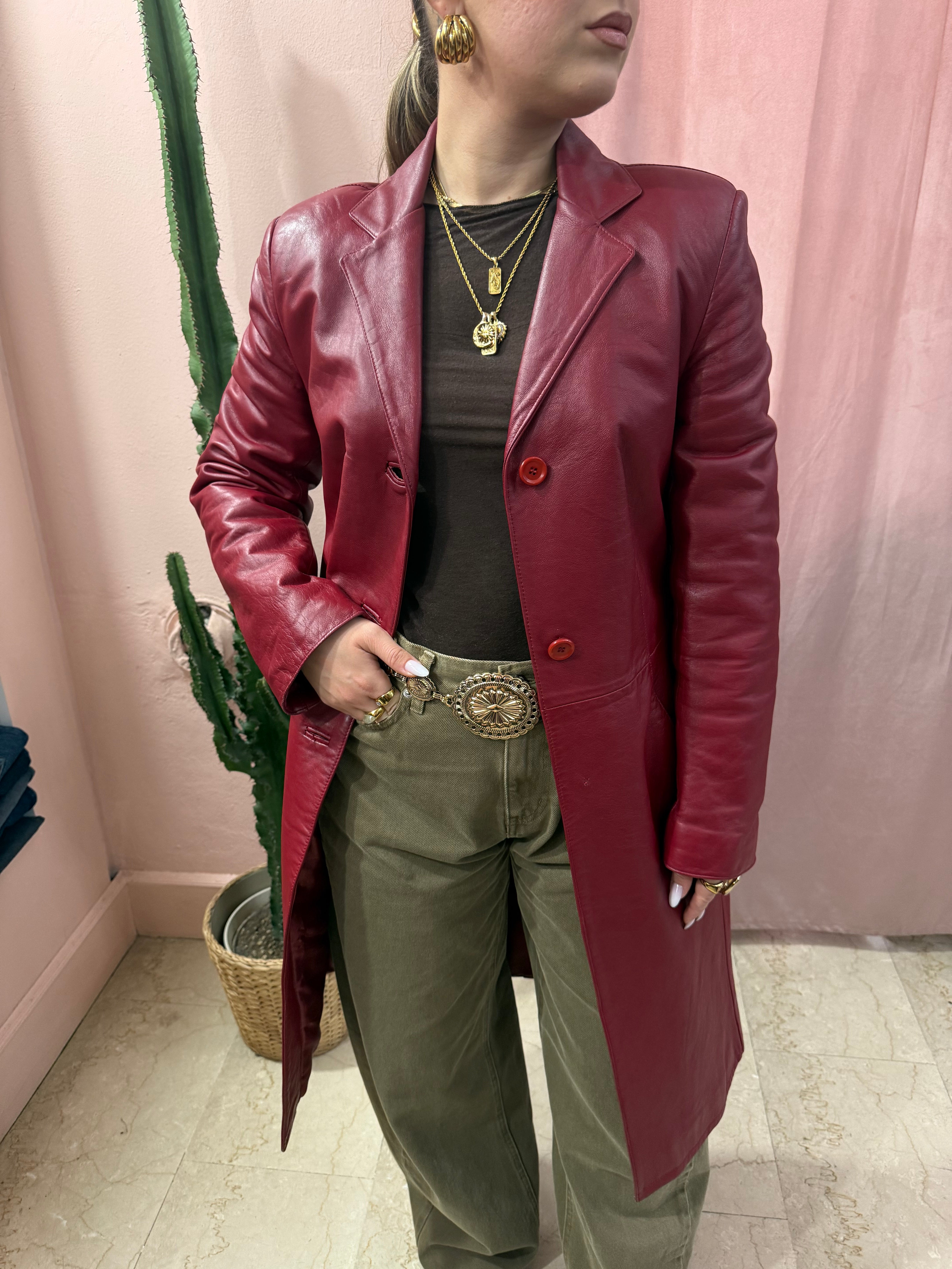 Giacca lunga in pelle rossa