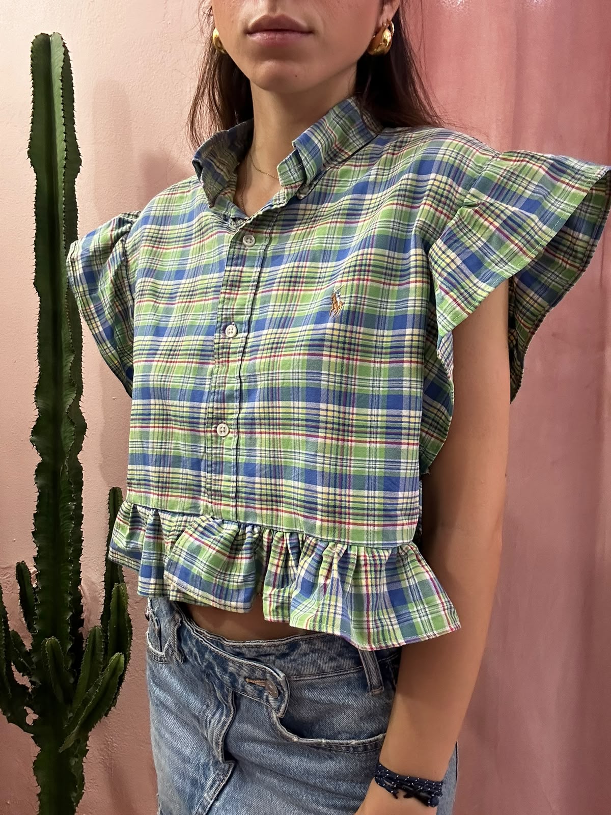 Camicia ralph lauren upcycling manica volant a quadri