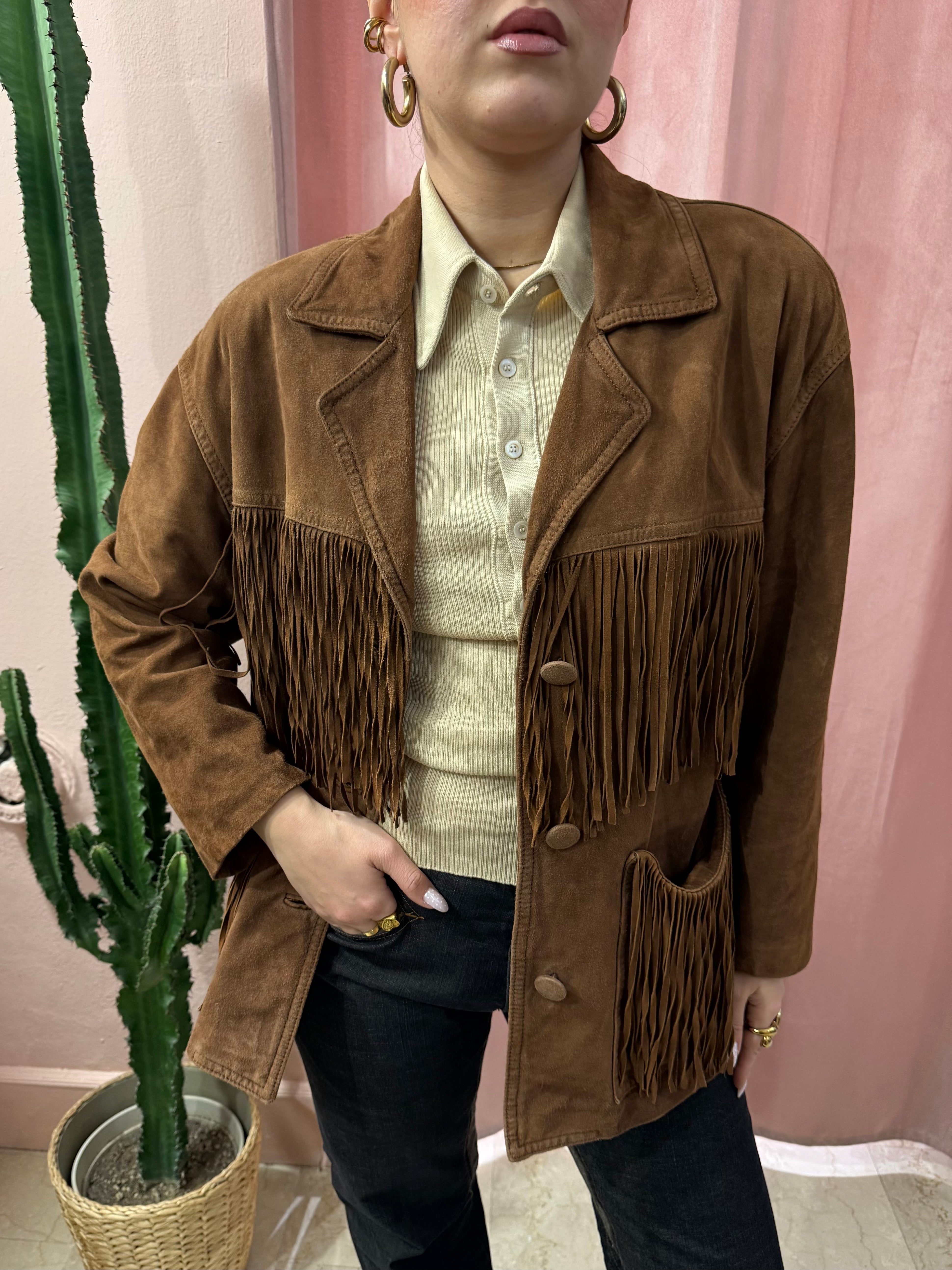 Giacca in vera pelle scamosciata con frange