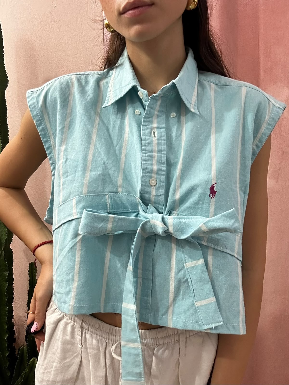 Camicia Ralph Lauren upcycling fiocco a righe azzurra