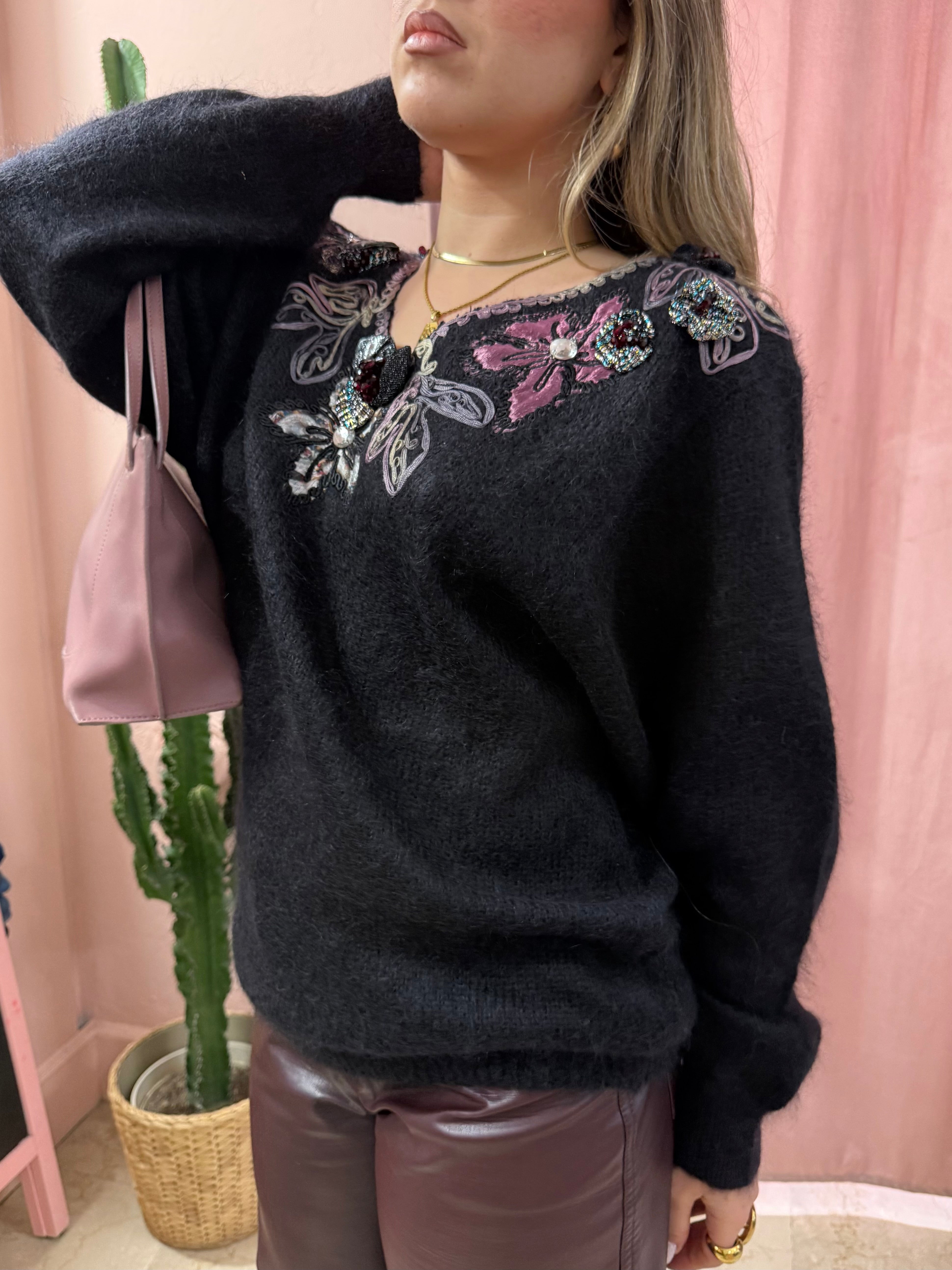 Maglione vintage ricamato in kid mohair