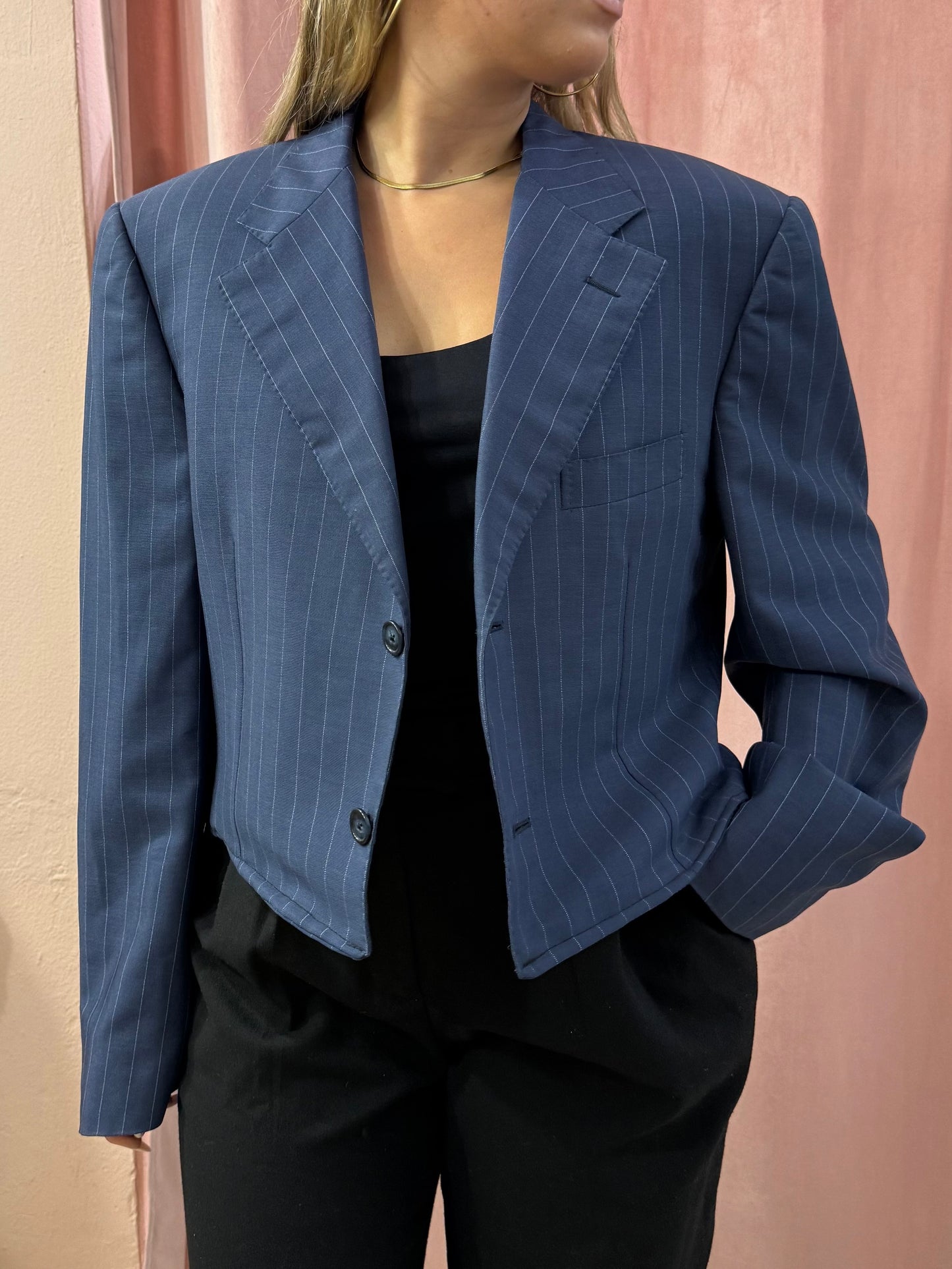 Blazer crop gessato blu Corneliani