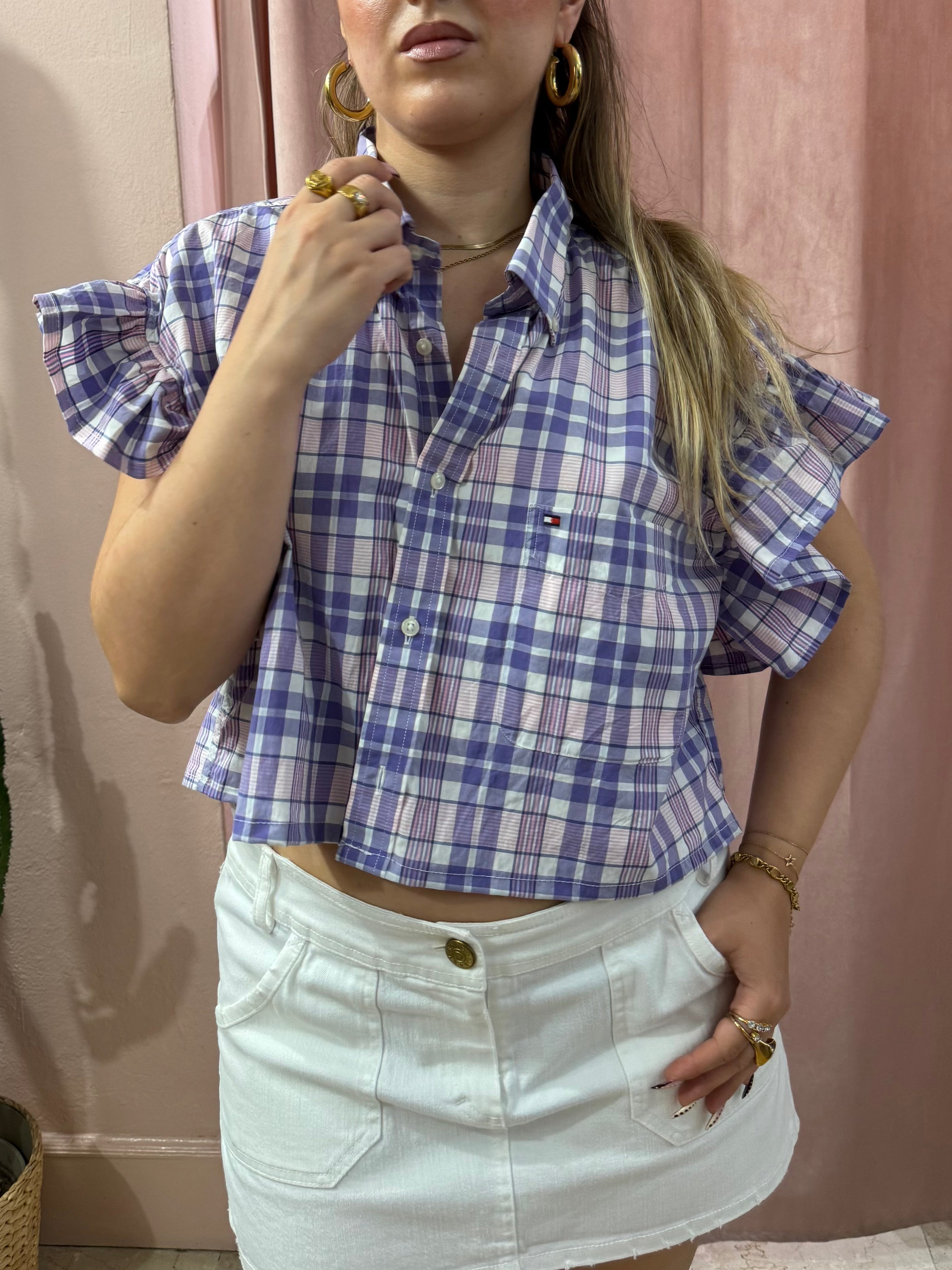 Camicia Tommy H. upcycling a quadri lilla