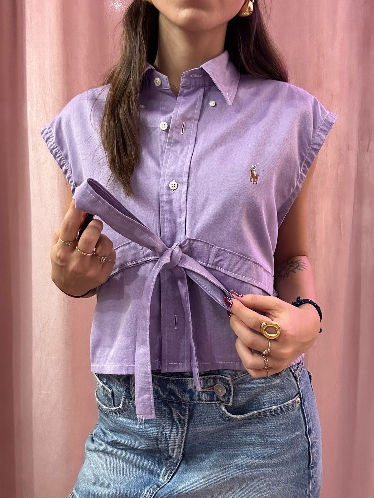 Camicia Ralph Lauren upcycling fiocco lilla