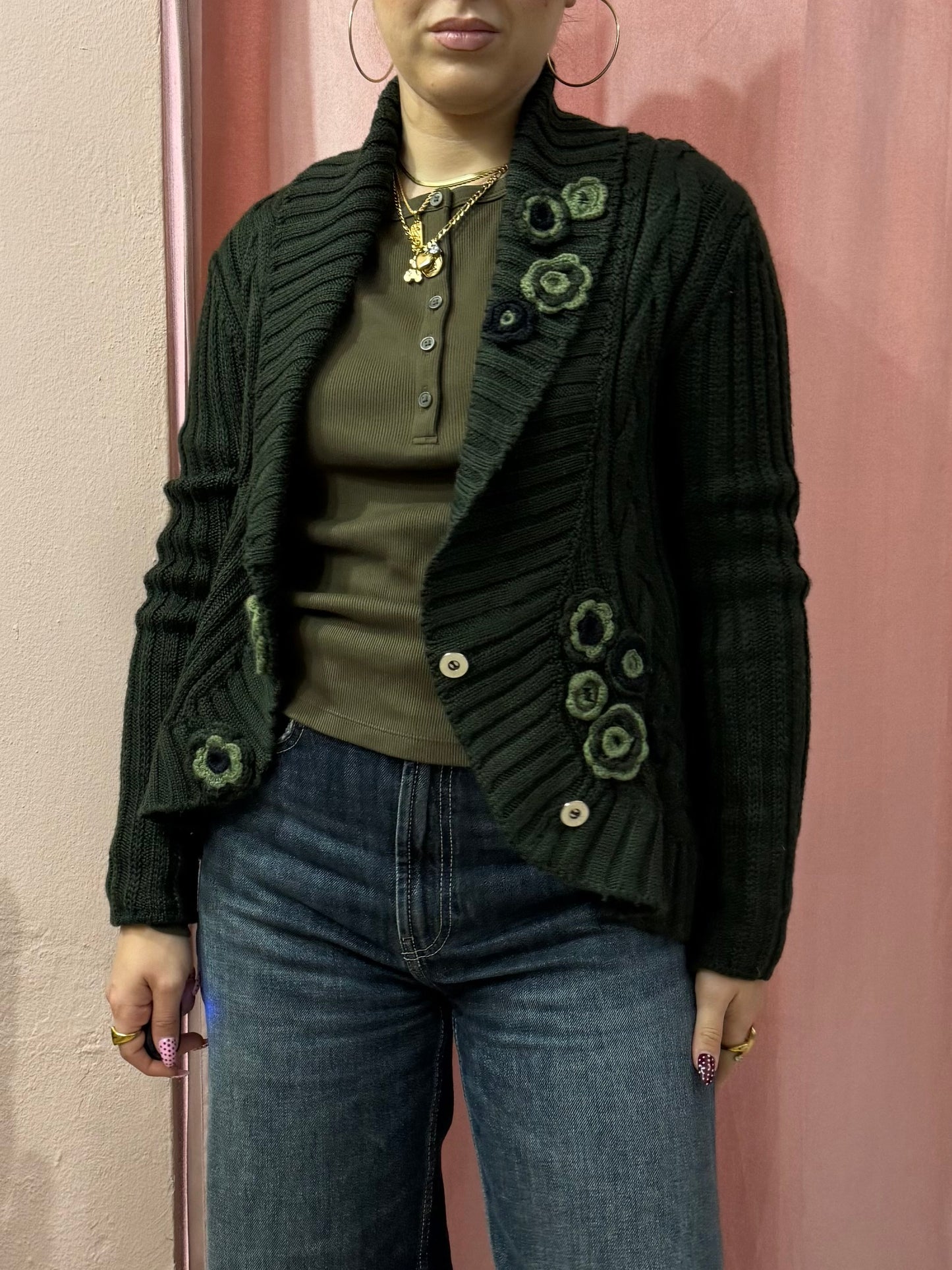 Cardigan verde 00s applicazioni fiori