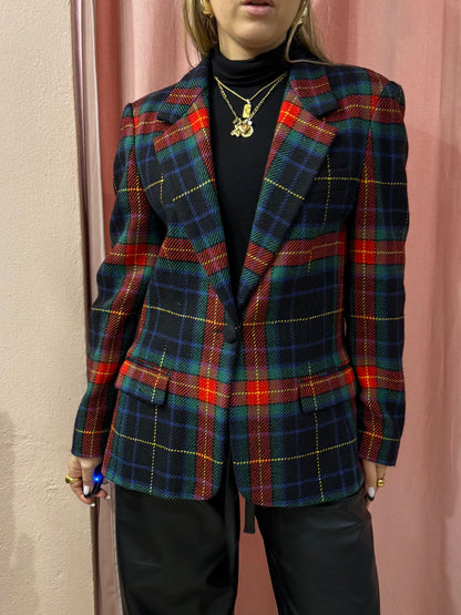 Blazer tartan in lana sul blu