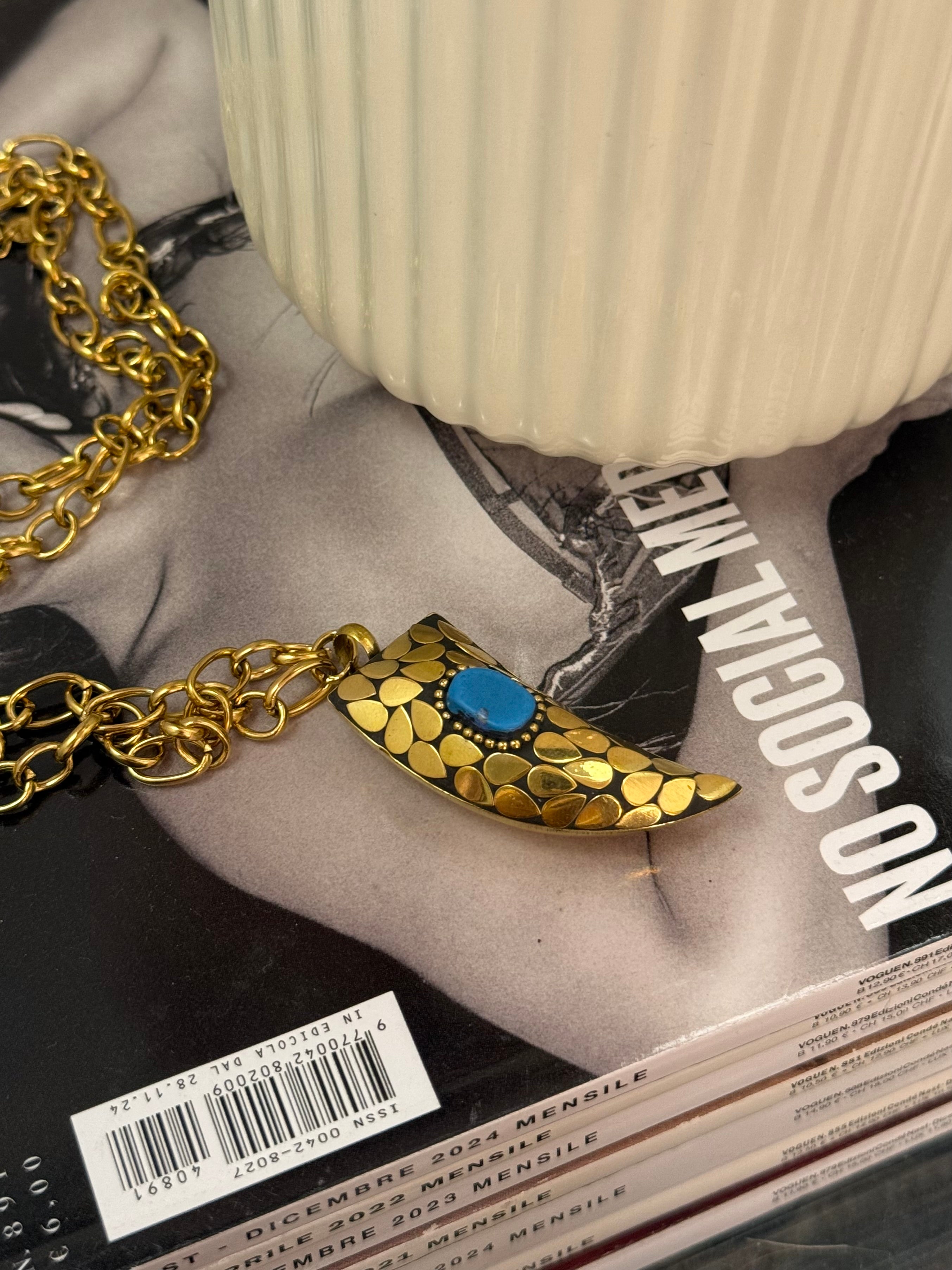 Collana lunga corno con pietra turchese