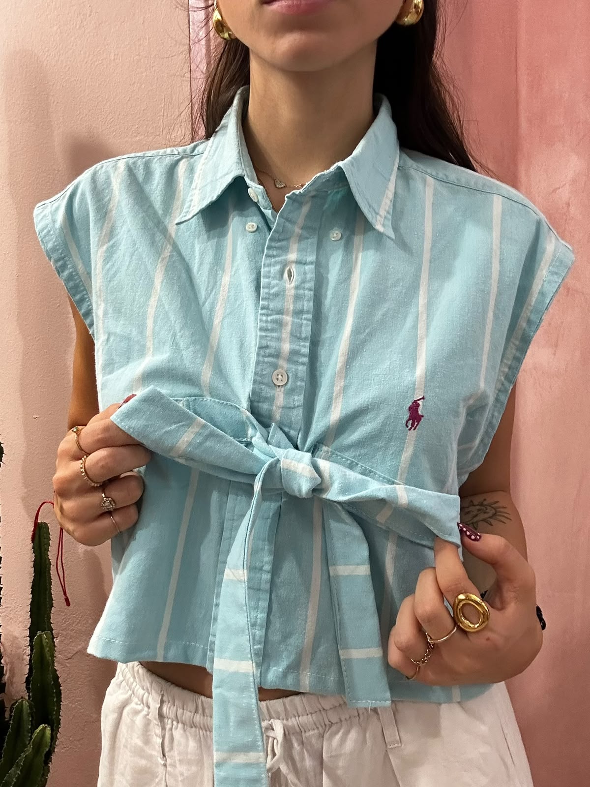 Camicia Ralph Lauren upcycling fiocco a righe azzurra