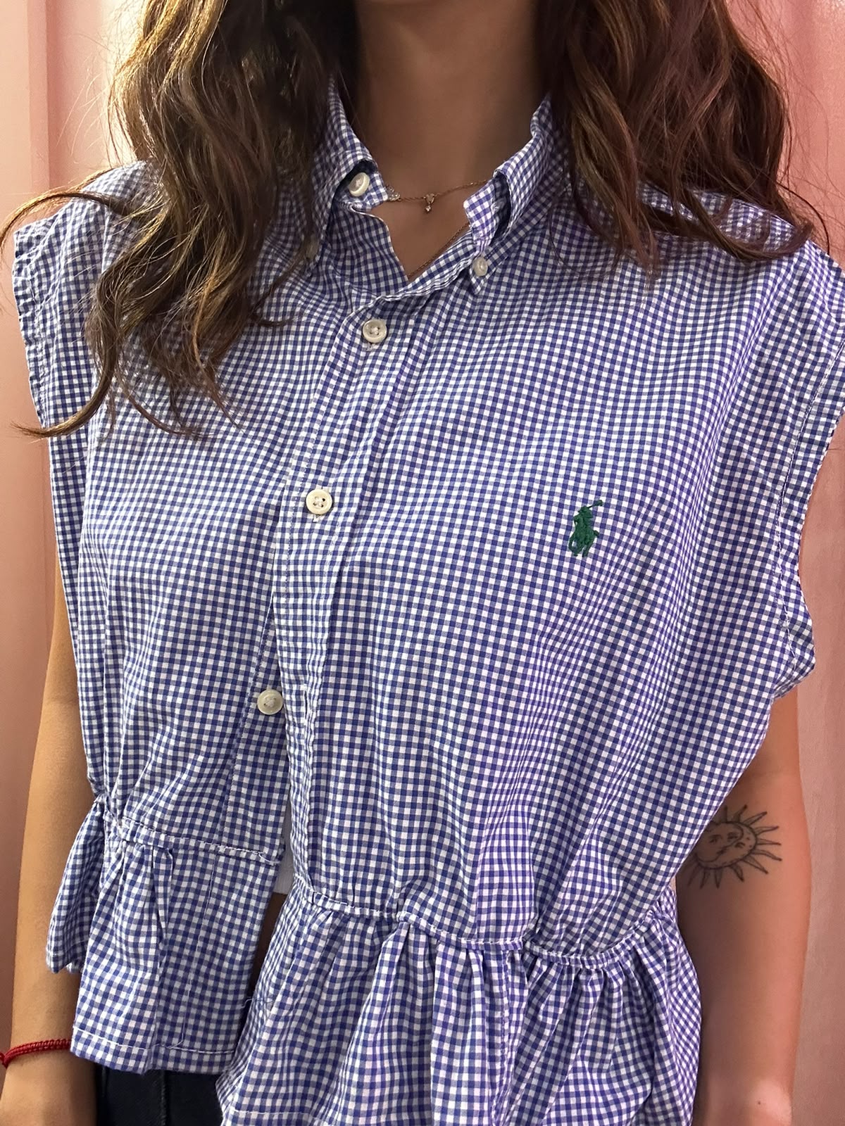 Camicia Ralph Lauren upcycling volant quadretti blu
