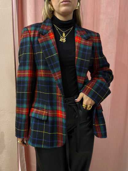 Blazer tartan in lana sul blu
