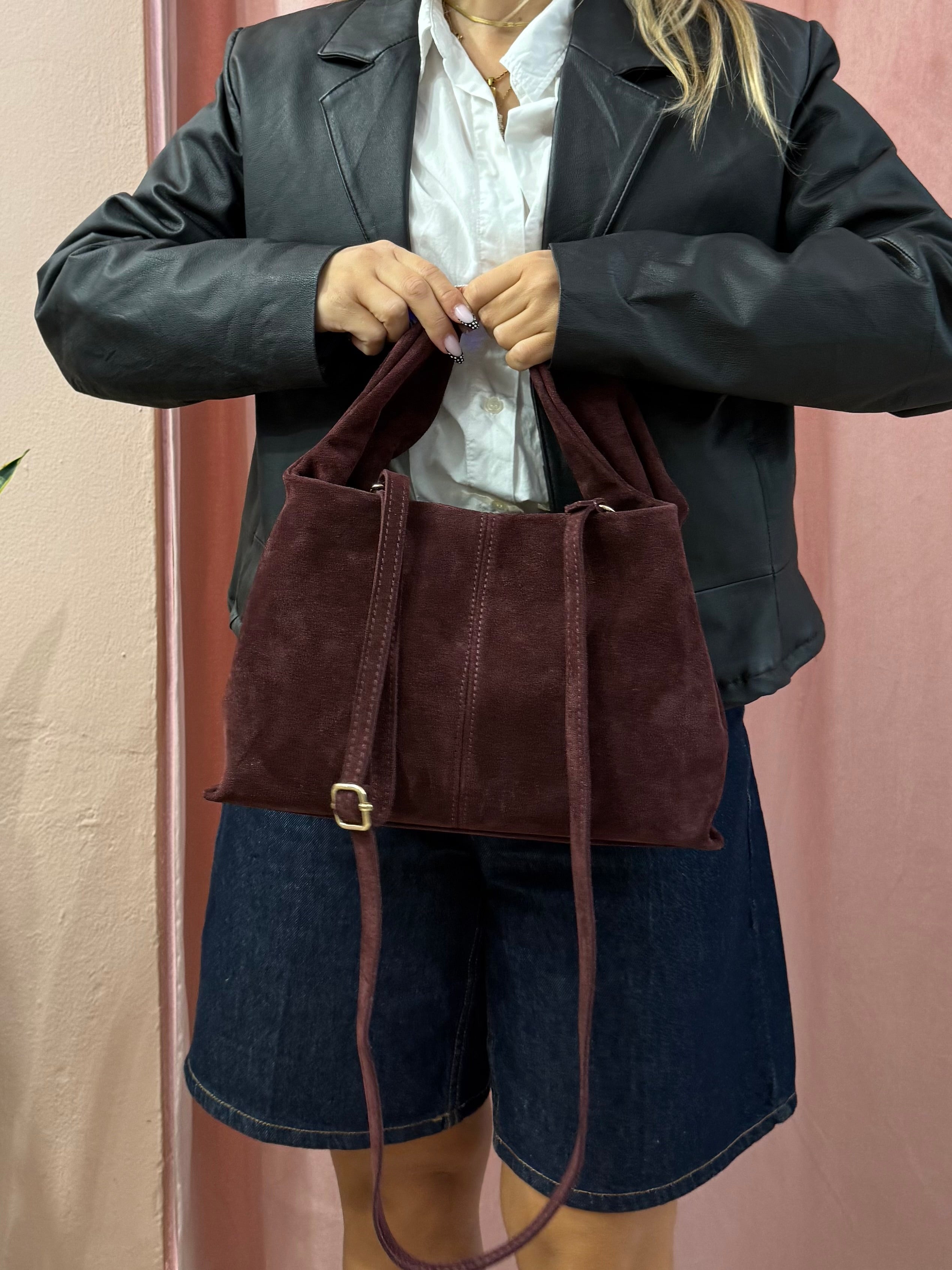 Borsa in vera pelle scamosciata burgundy