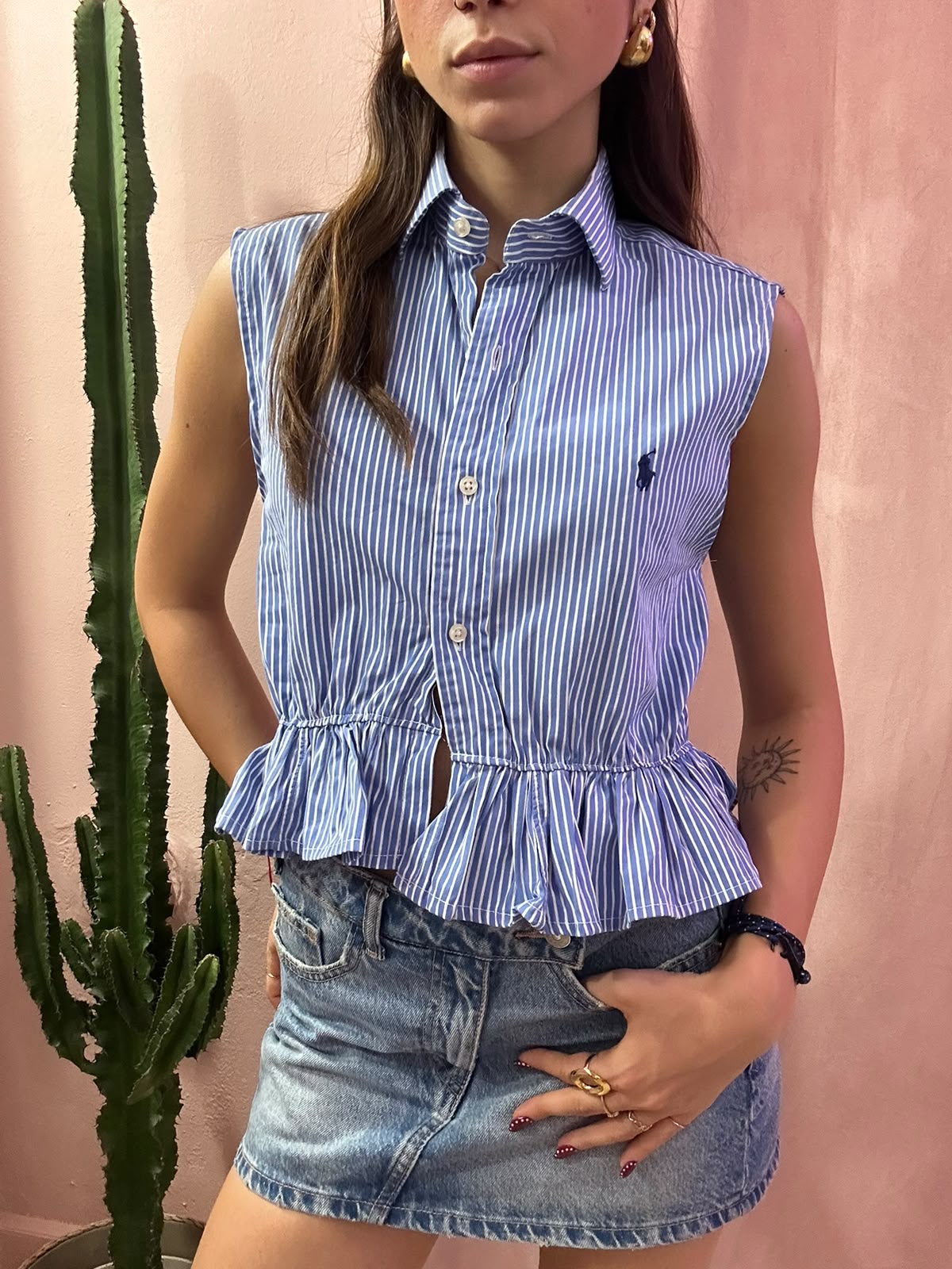 Camicia Ralph Lauren upcycling volant a righe blu