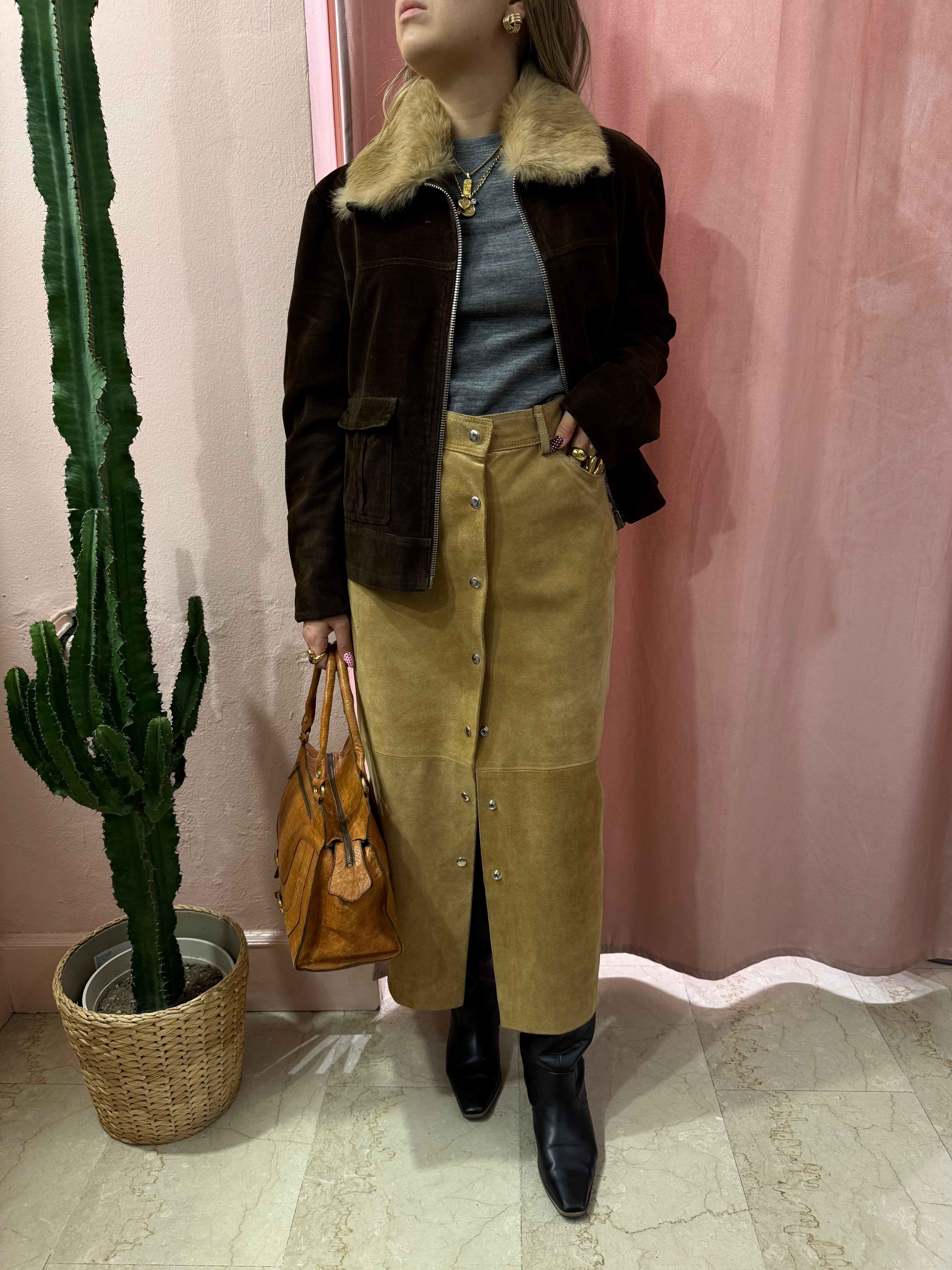 Gonna longuette scamosciata in vera pelle