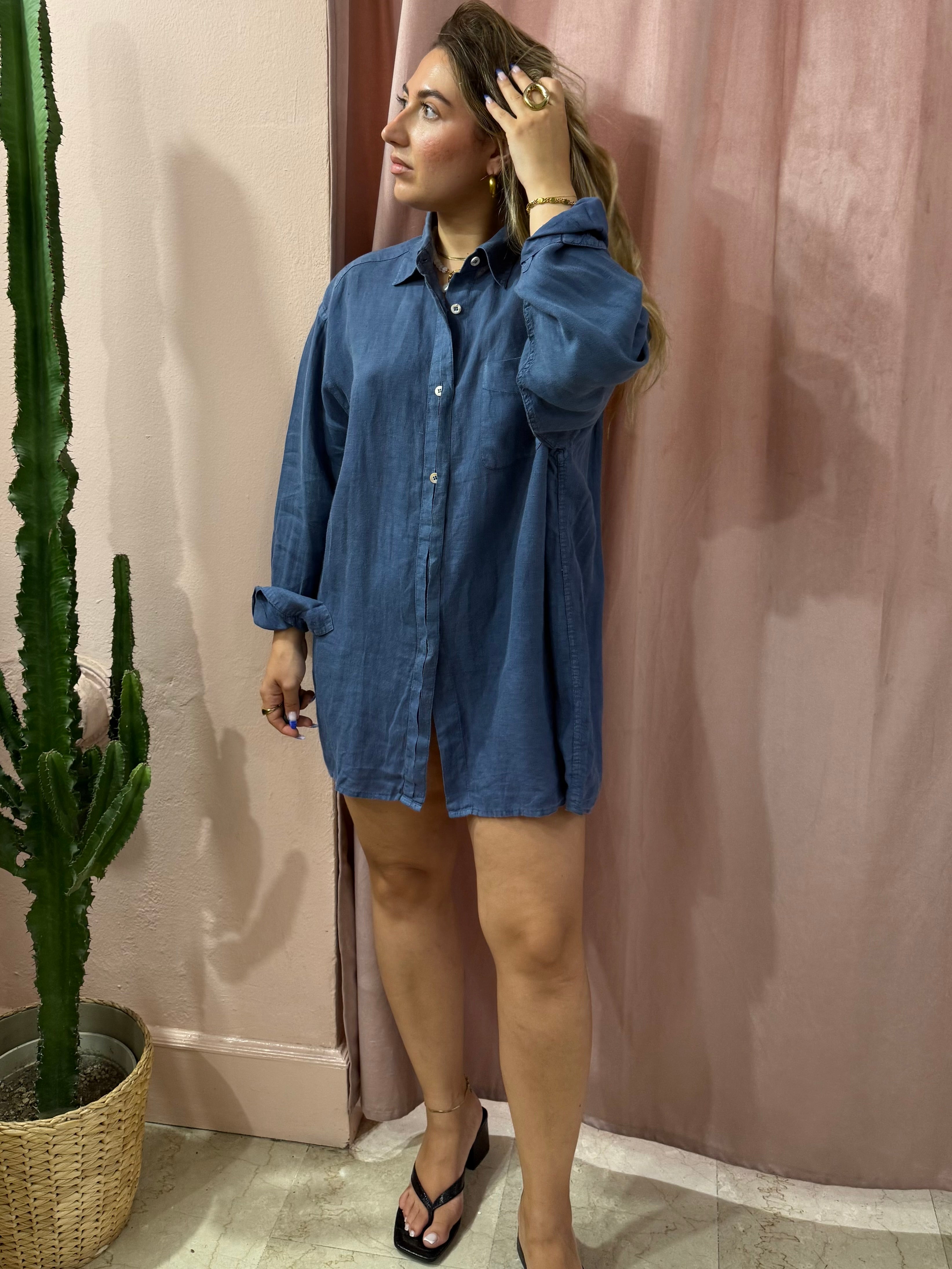 Camicione Max Mara blu in puro lino