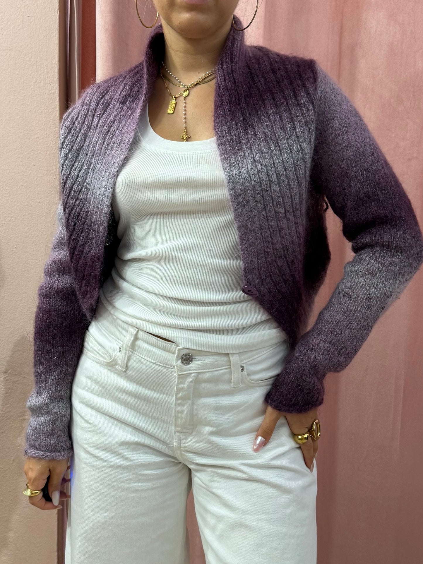 Cardigan viola sfumato lavorato a maglia