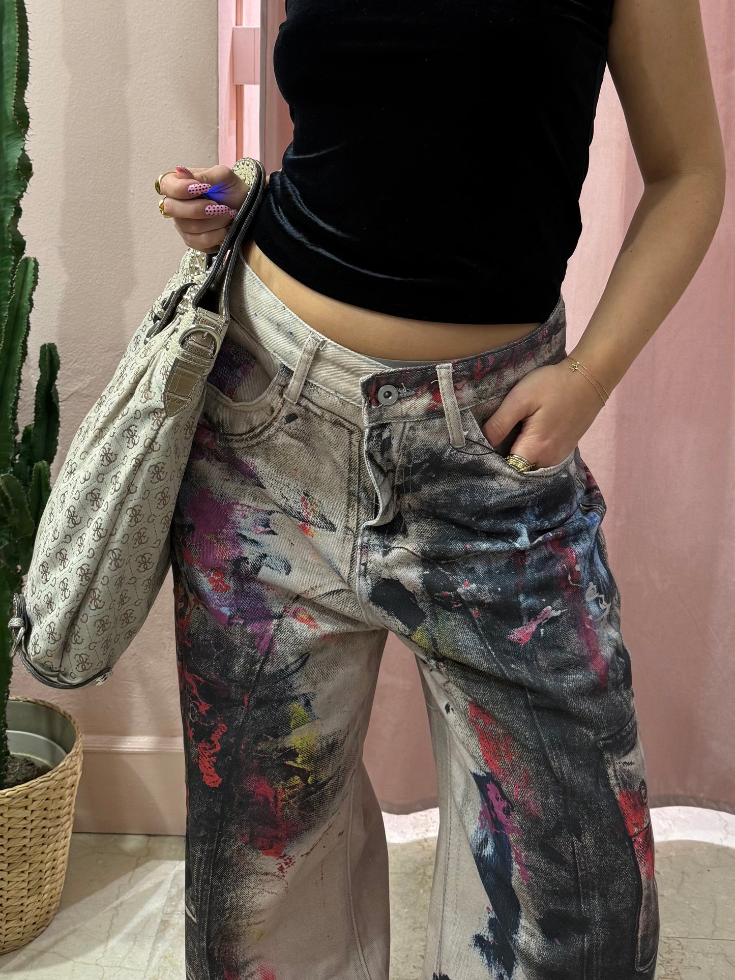 Pantalone wide leg effetto vernice