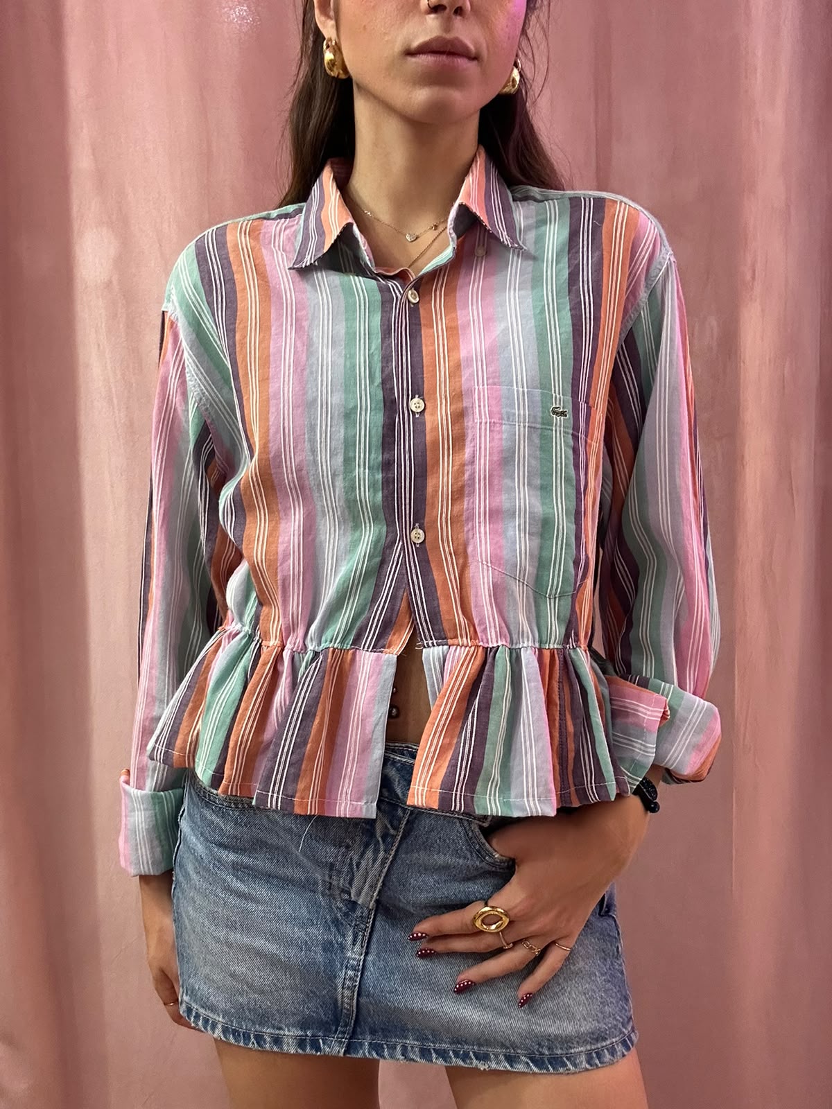 Camicia Lacoste upcycling multicolor a righe volant