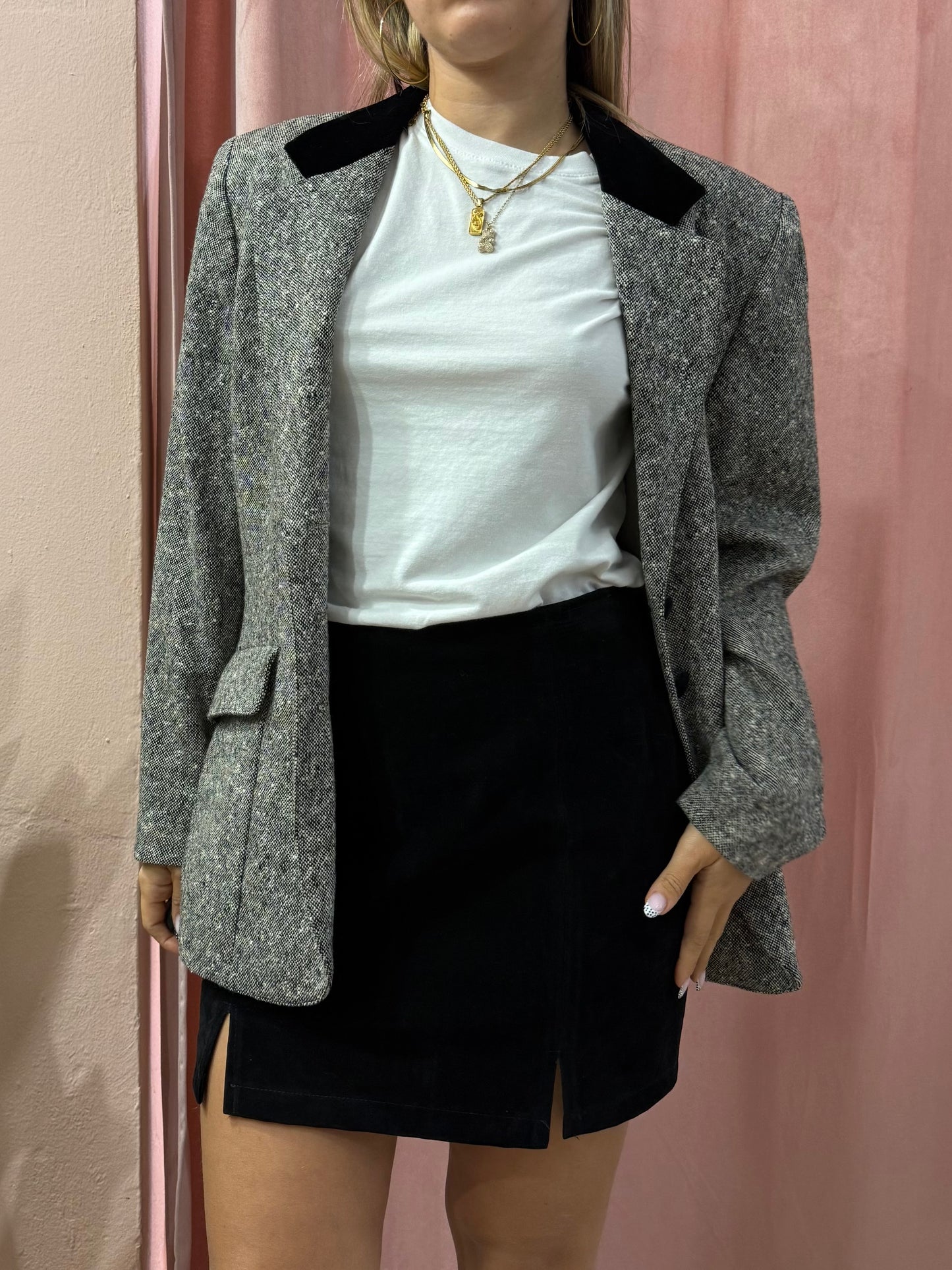 Blazer mélange dettaglio collo in velluto nero