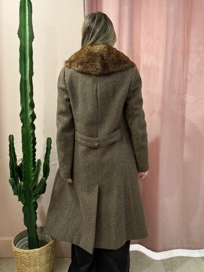 Maxi cappotto in lana con collo in pelliccia sintetica