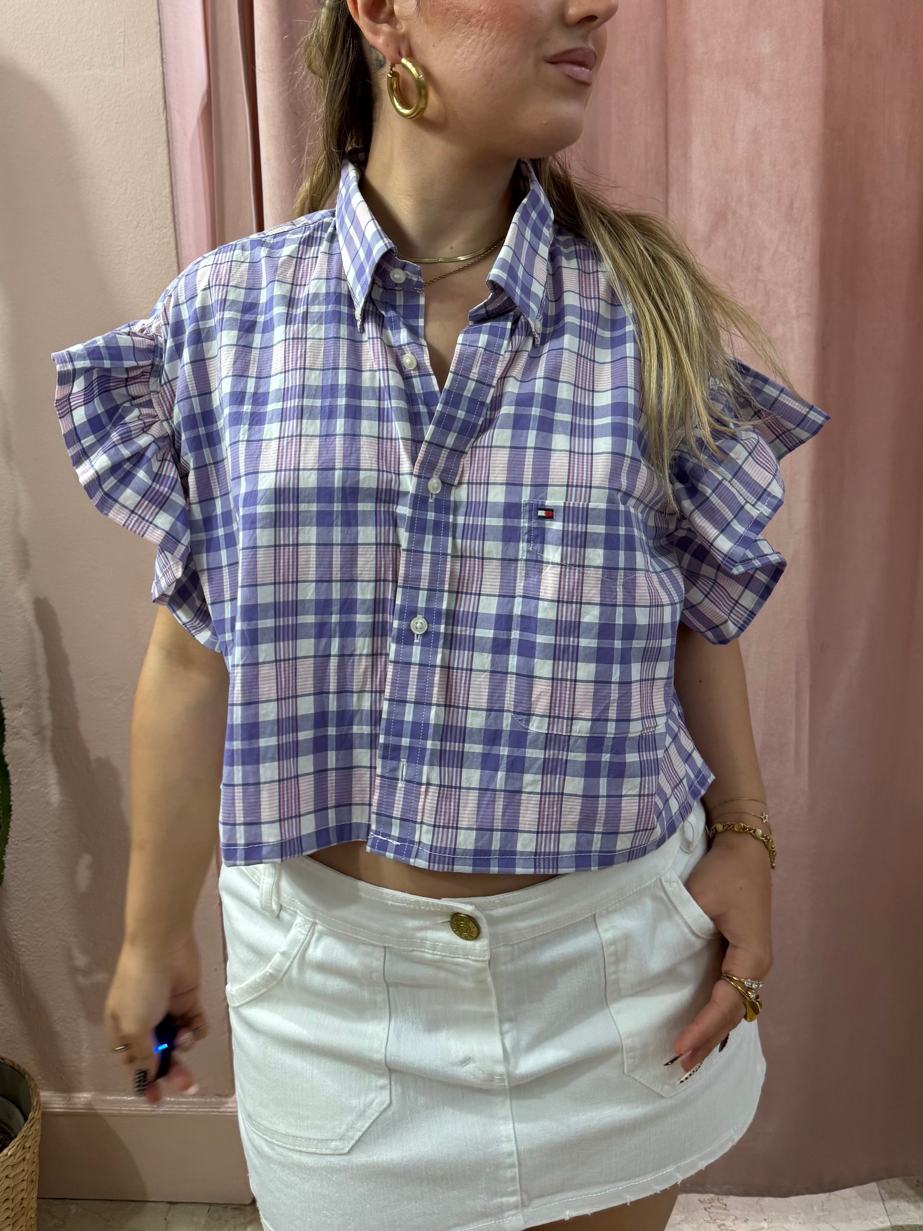 Camicia Tommy H. upcycling a quadri lilla