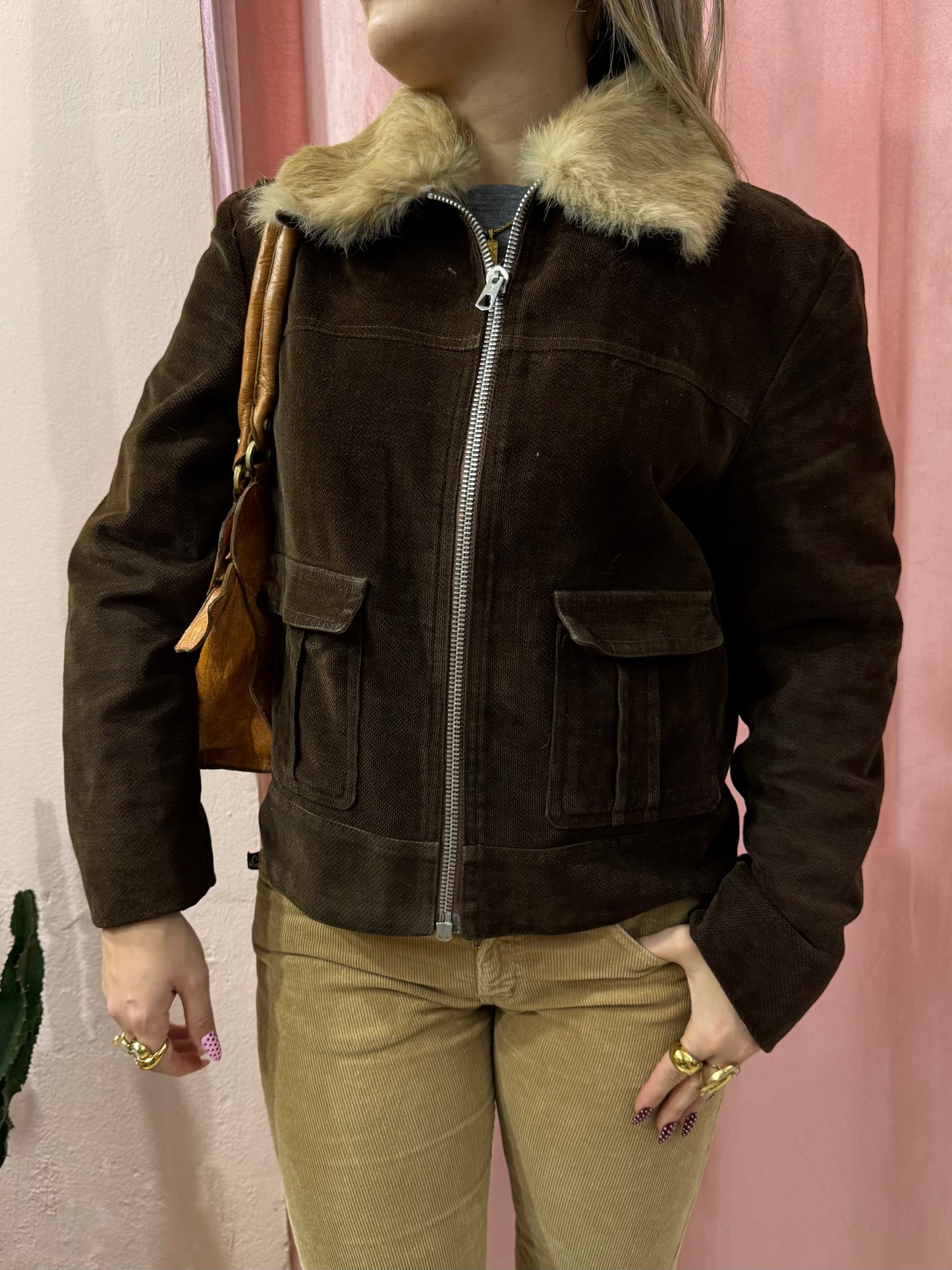 Giacca in tessuto con collo in pelliccia