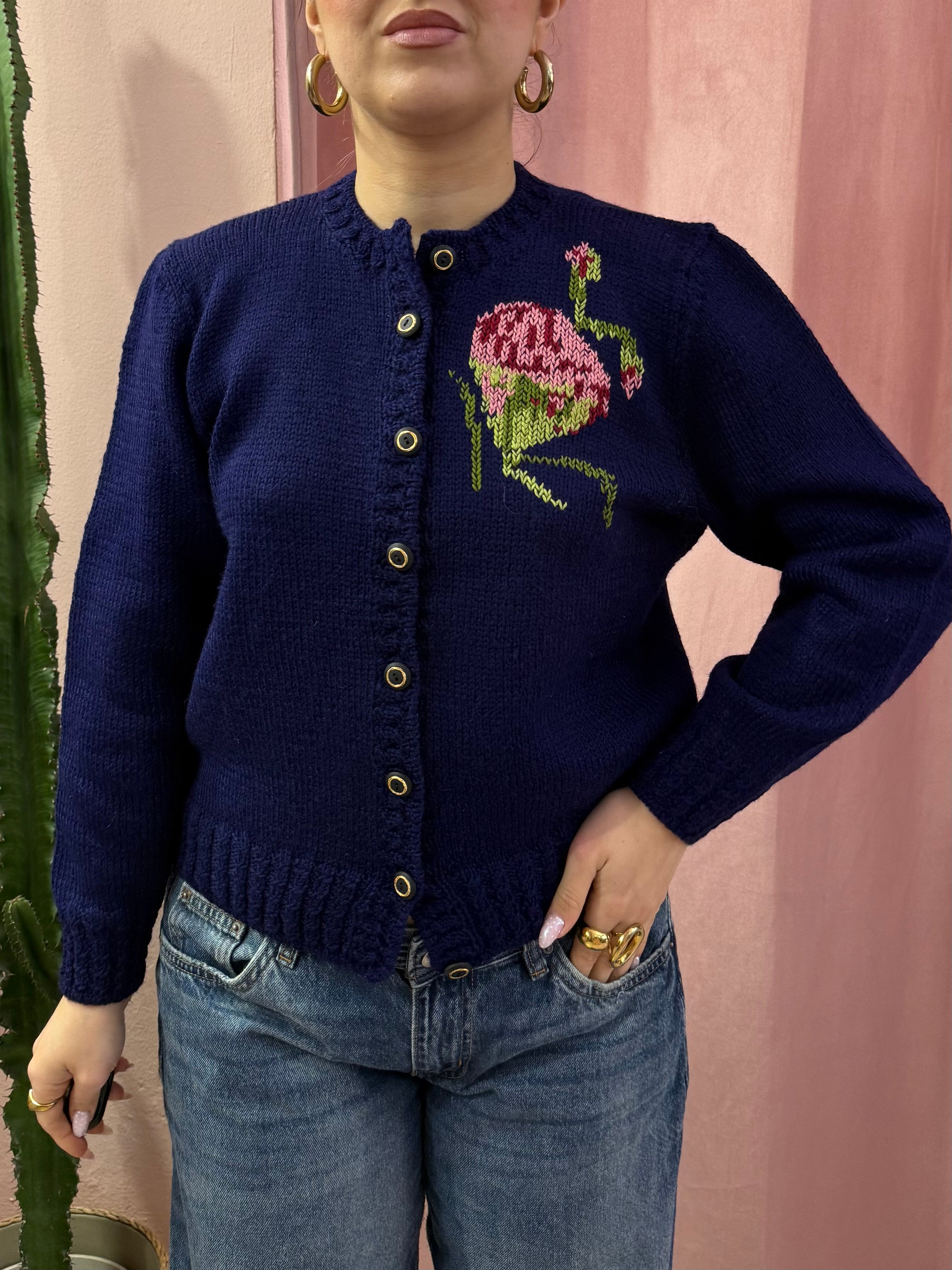 Maglione vintage blu ricamato