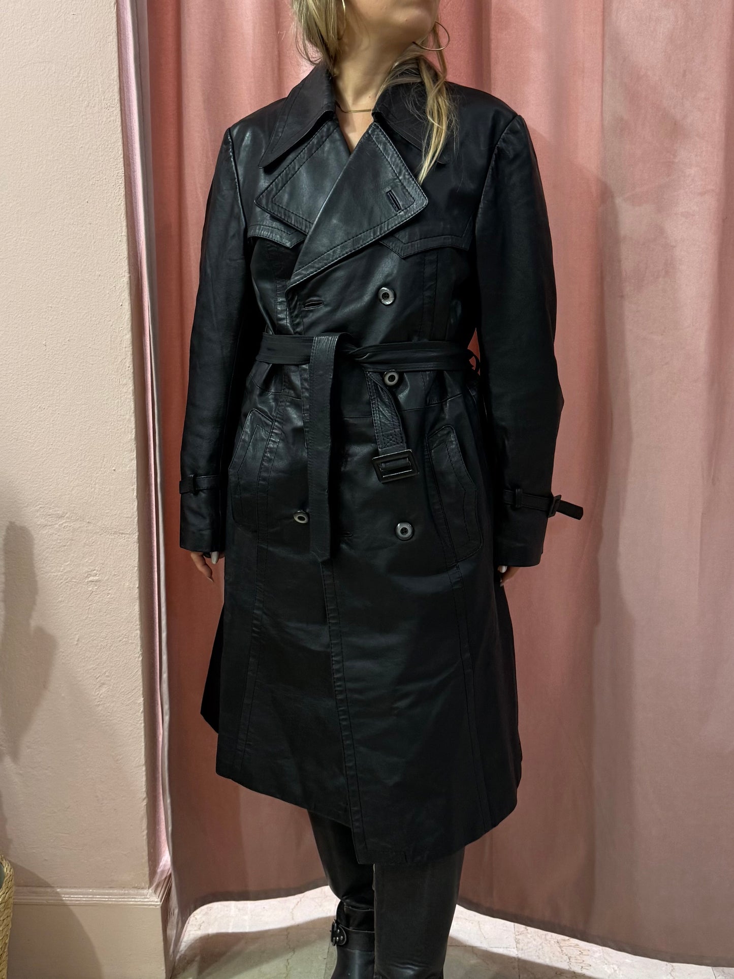 Trench lungo in vera pelle nero