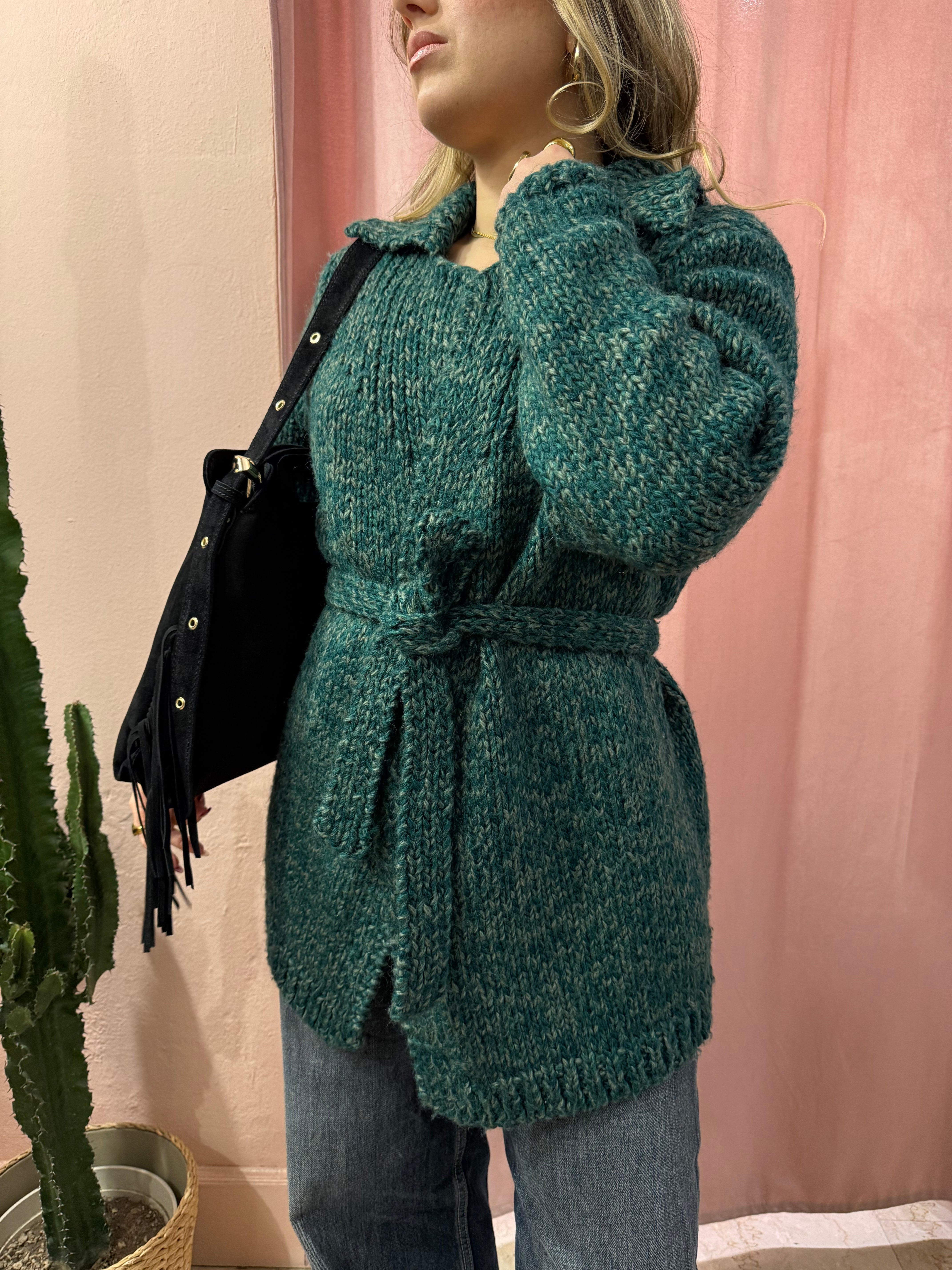 Cardigan in lana con cinturino verde mélange