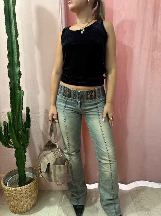 Jeans y2k vita bassa con ricami