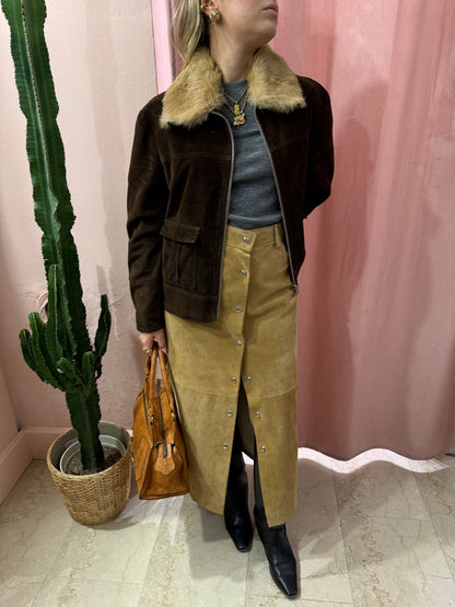 Gonna longuette scamosciata in vera pelle