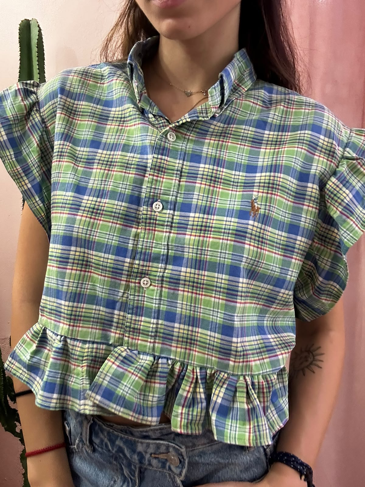 Camicia ralph lauren upcycling manica volant a quadri