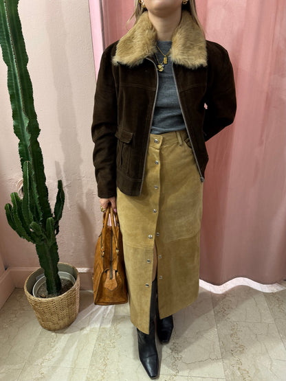 Gonna longuette scamosciata in vera pelle