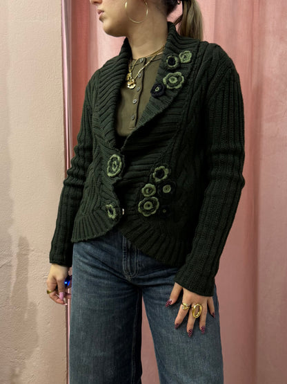 Cardigan verde 00s applicazioni fiori