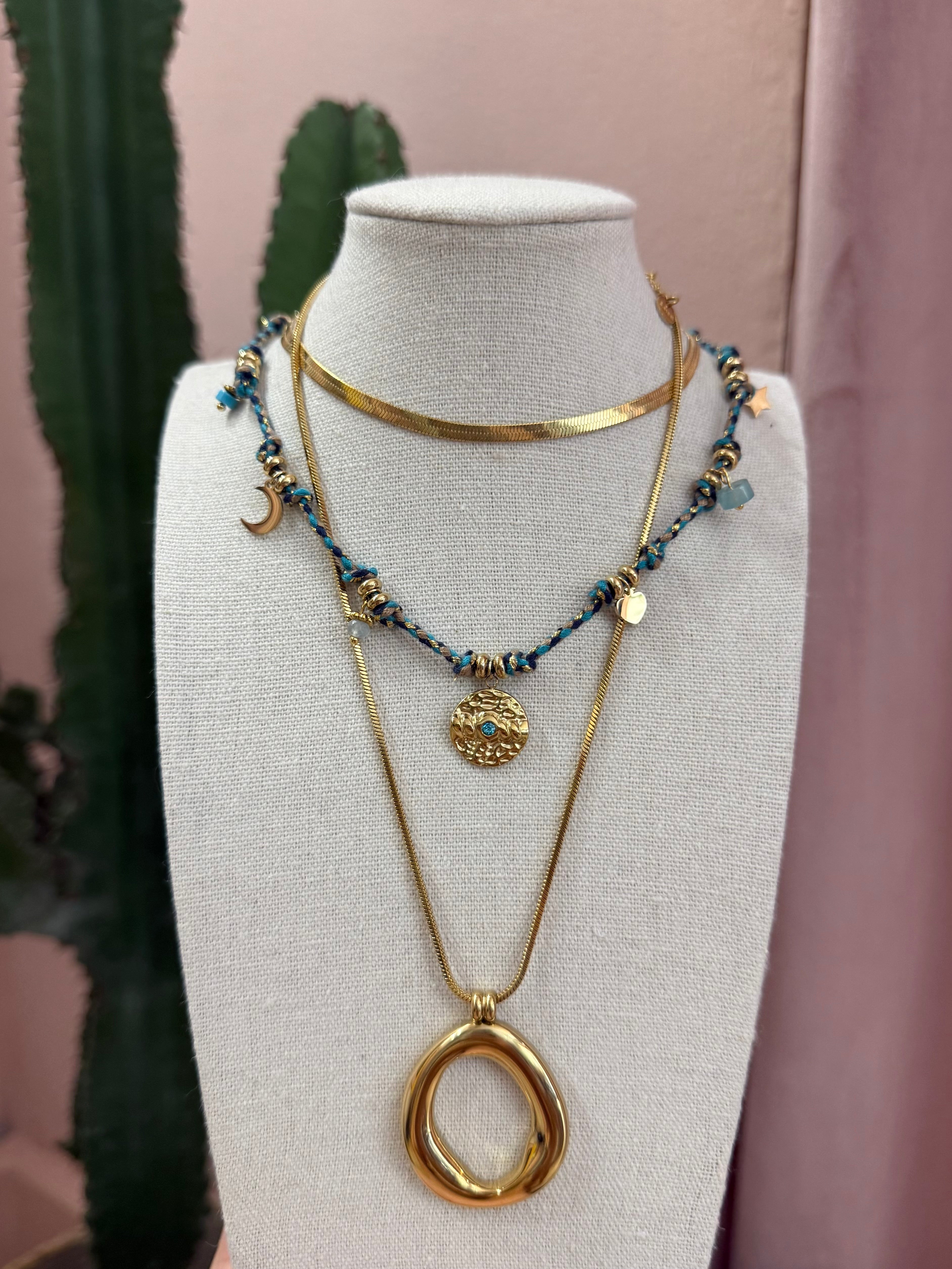 Collana in corda medaglione gold/blu