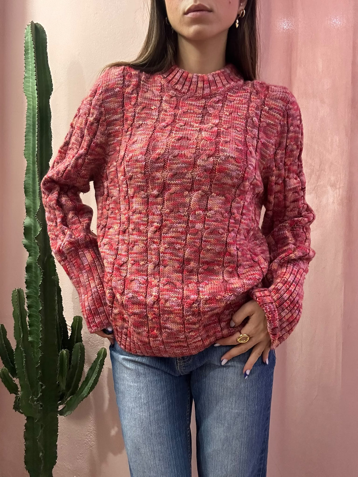 Maglione vintage girocollo mélange fucsia in lana