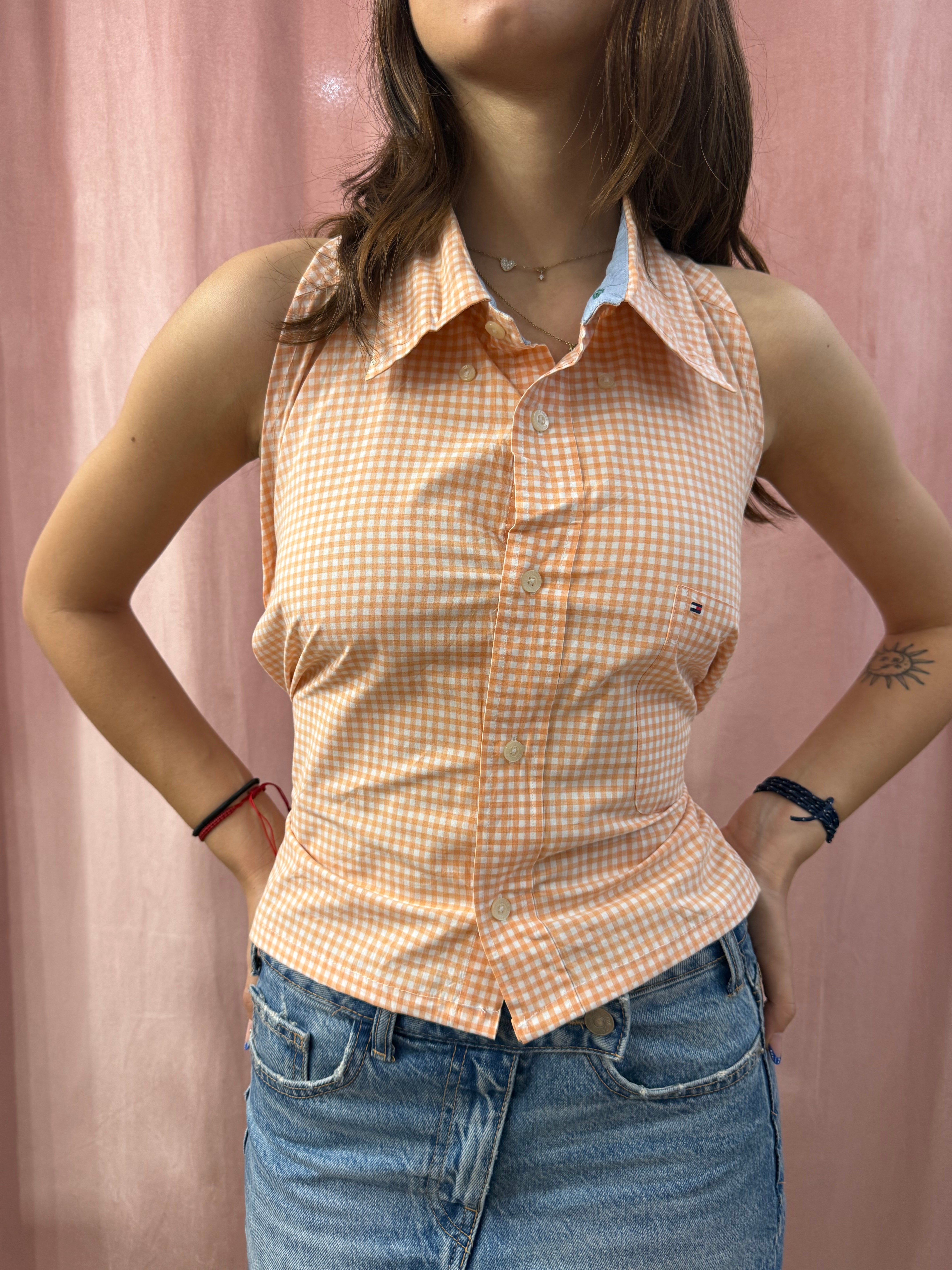 Camicia Tommy H. smanicata upcycling vichy arancio