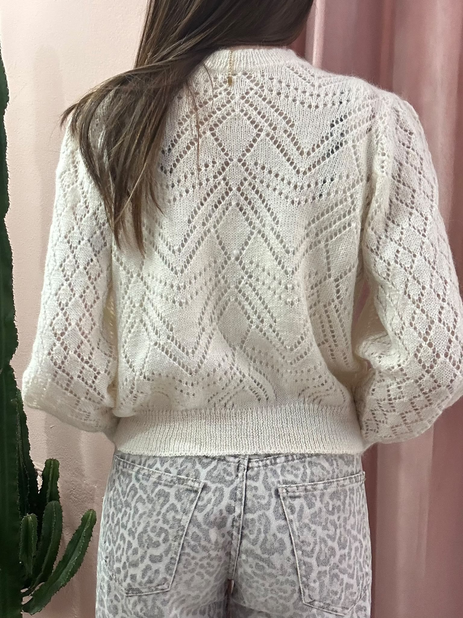 Cardigan vintage panna traforato in lana