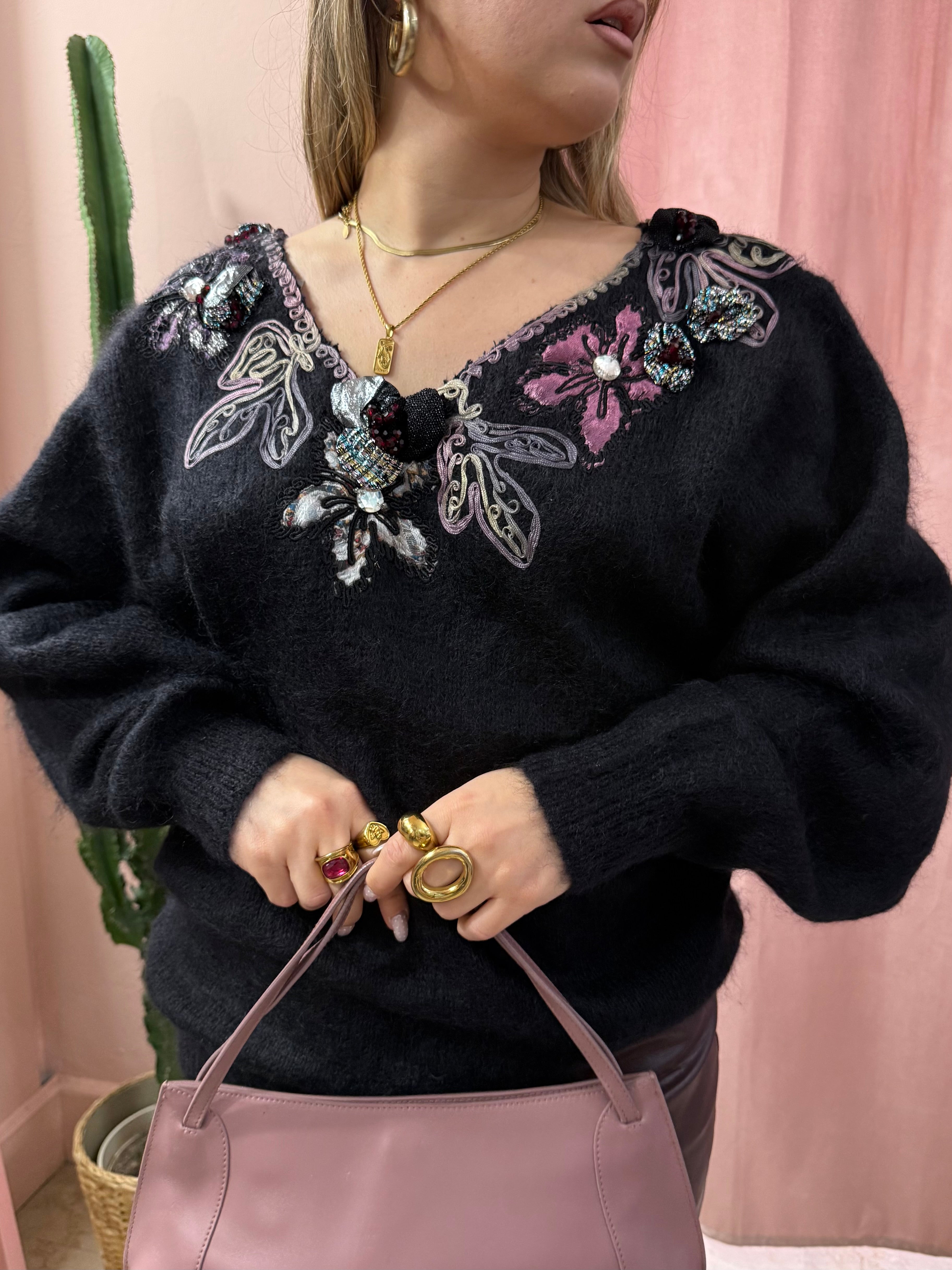 Maglione vintage ricamato in kid mohair