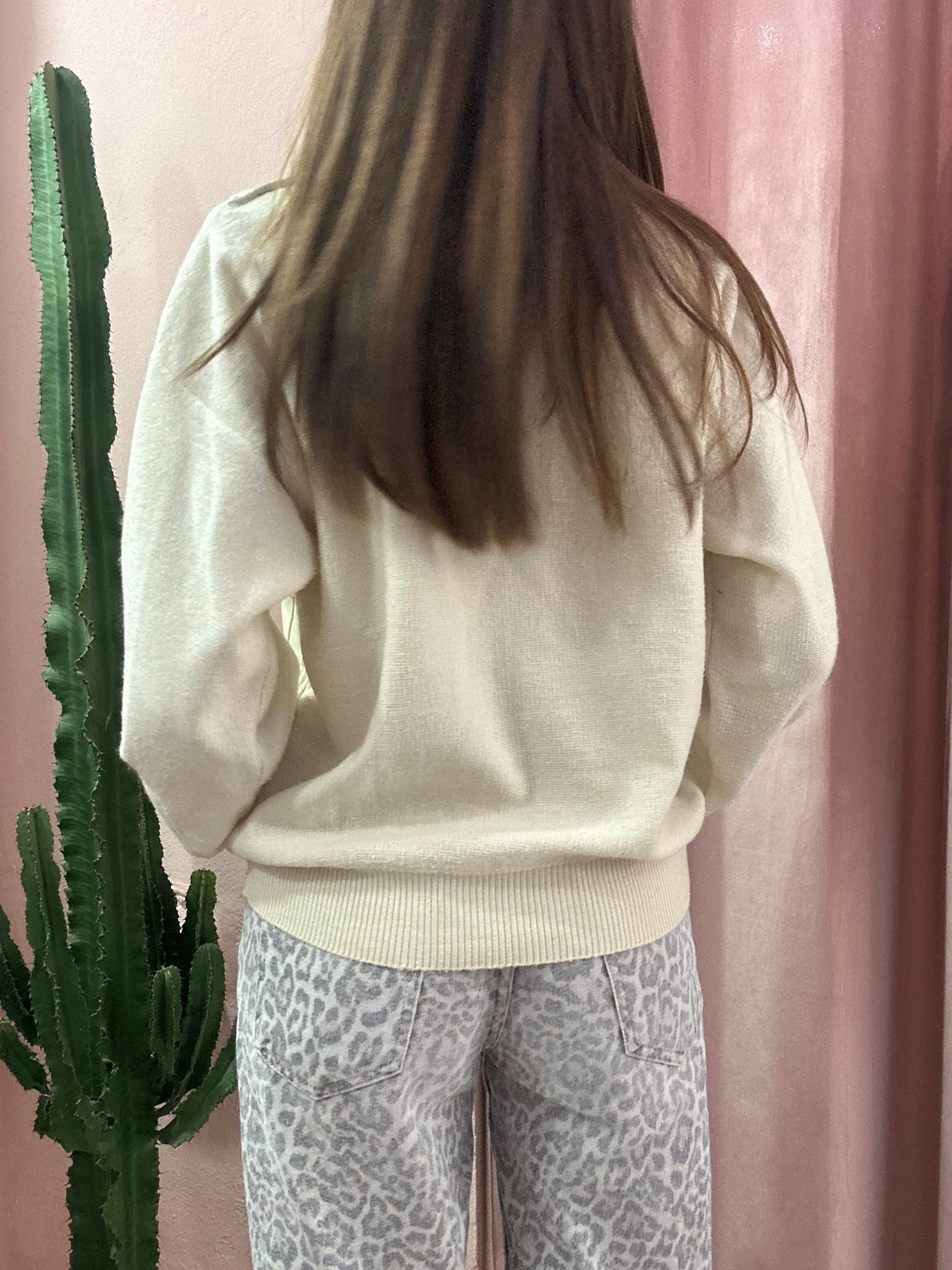 Maglione vintage panna con inserti in pelle