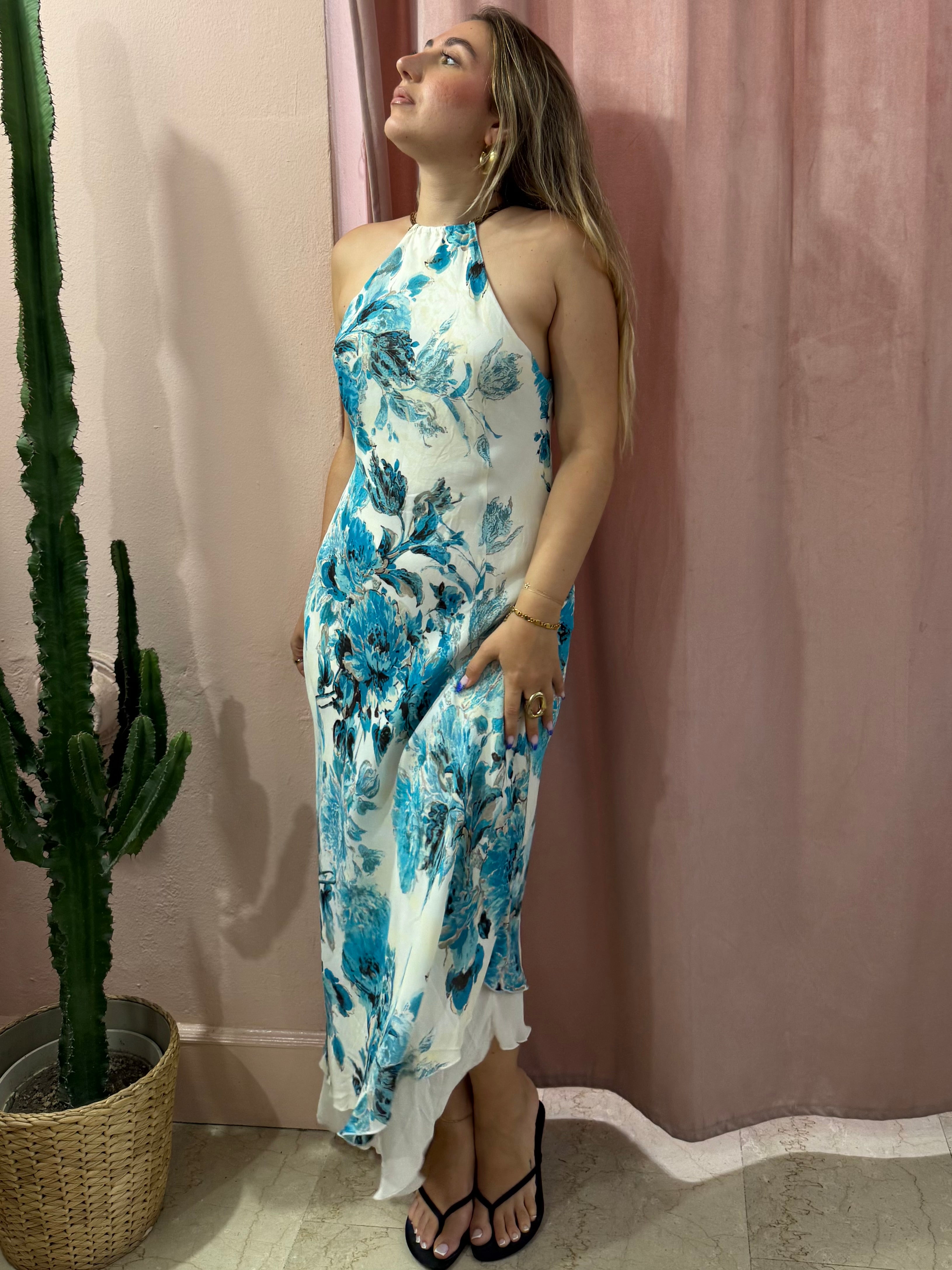 Maxi vestito bianco in fantasia floreale blu