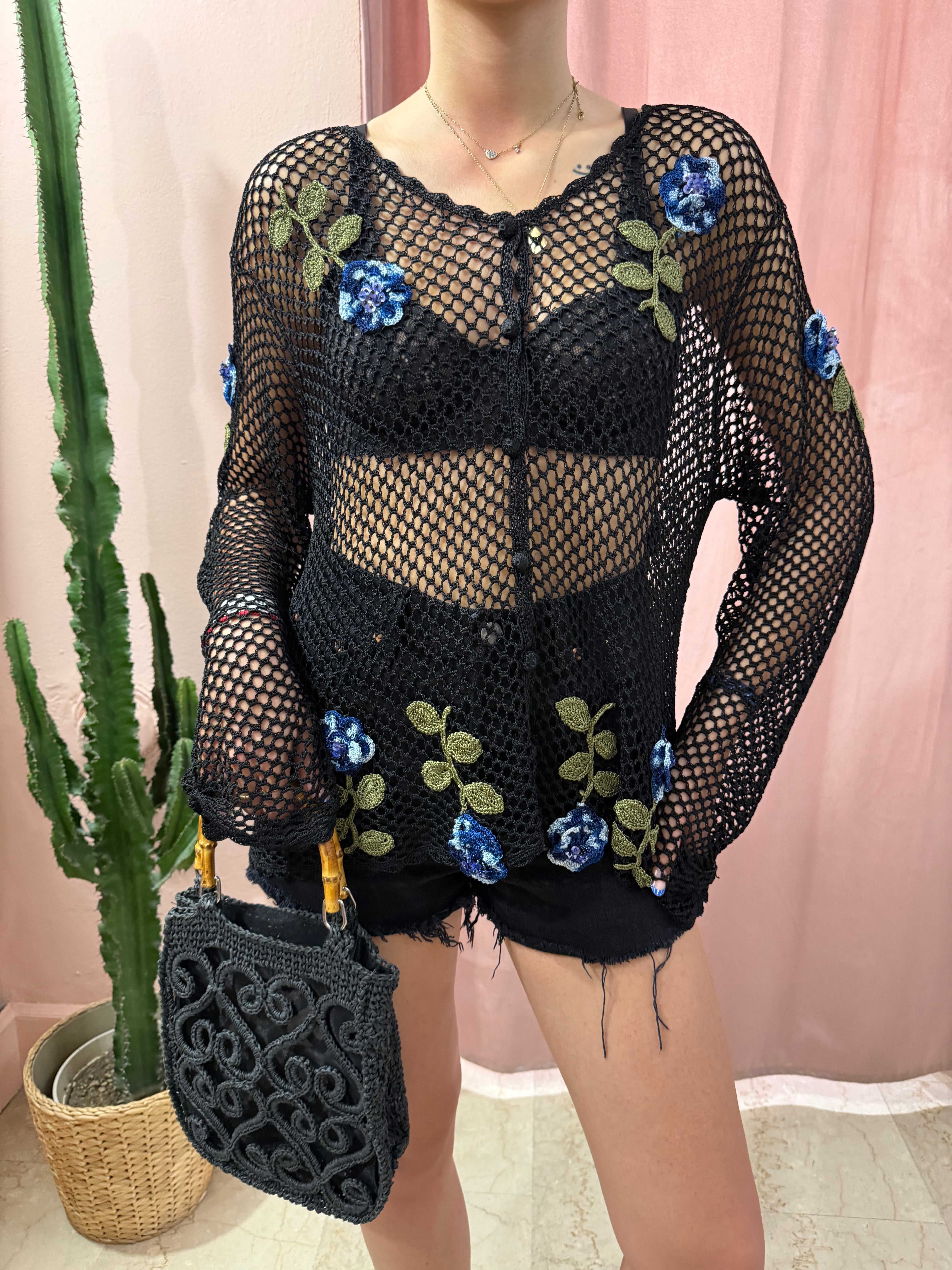 Cardigan in crochet nero ricamato