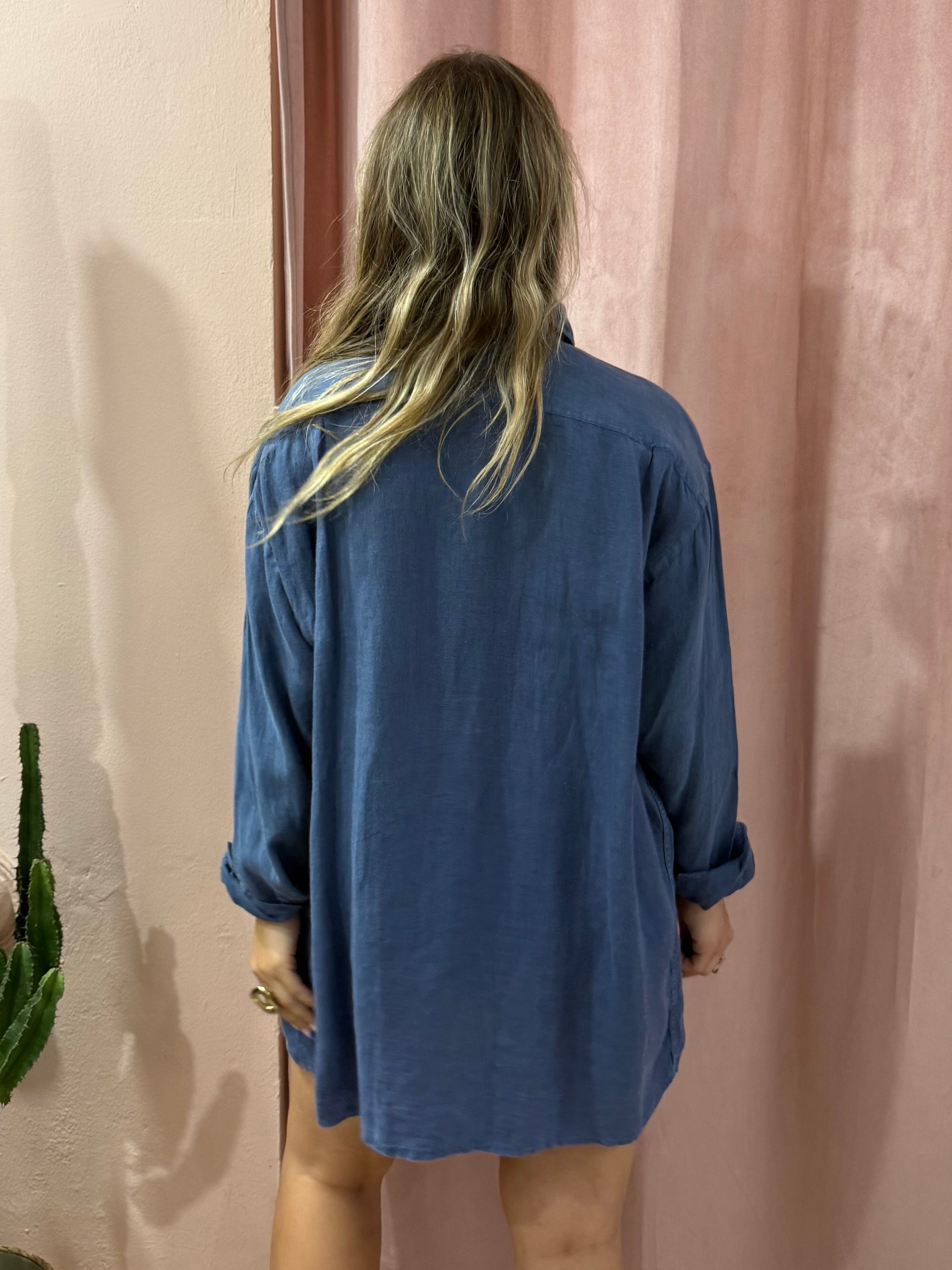 Camicione Max Mara blu in puro lino