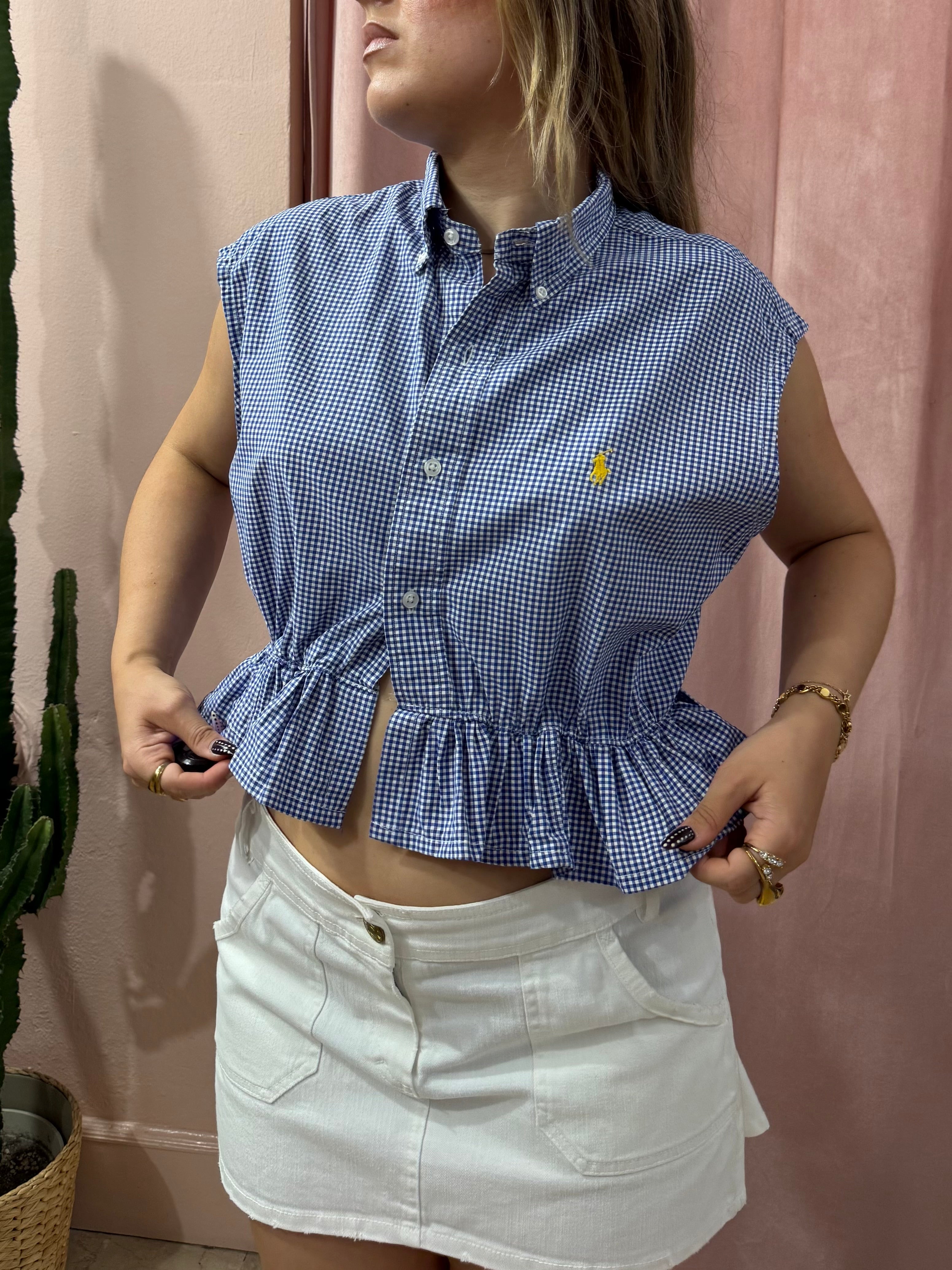 Camicia Ralph Lauren upcycling volant vichy blu