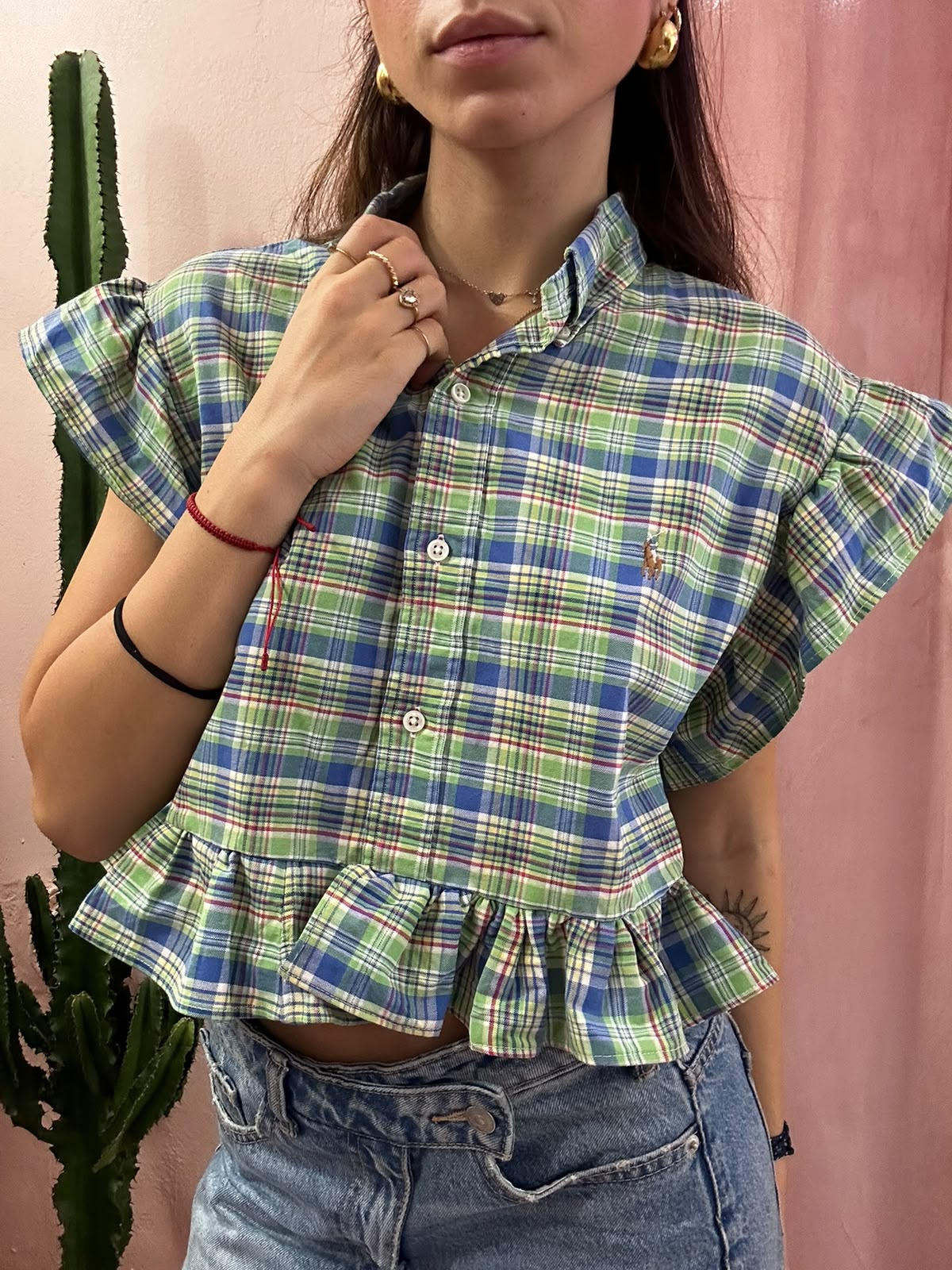 Camicia ralph lauren upcycling manica volant a quadri